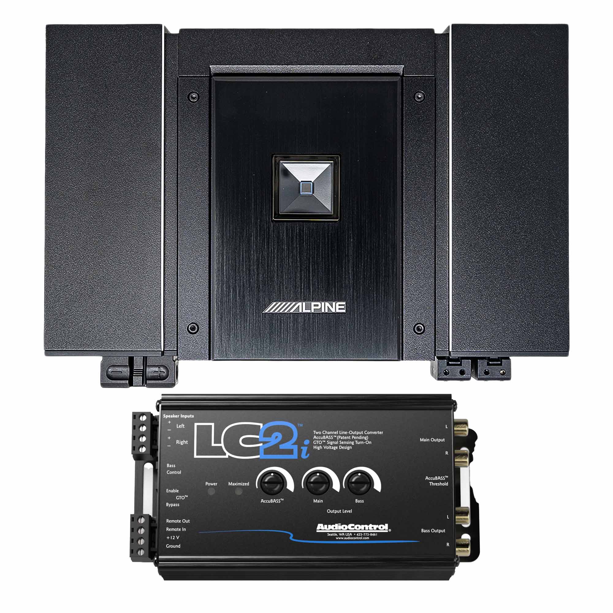 Alpine HDA-F60 Status Series Hi-Res 4 Channel Amplifier, 480W with AudioControl LC2i 2 Channel Line-Output Converter and AccuBASS Bundle
