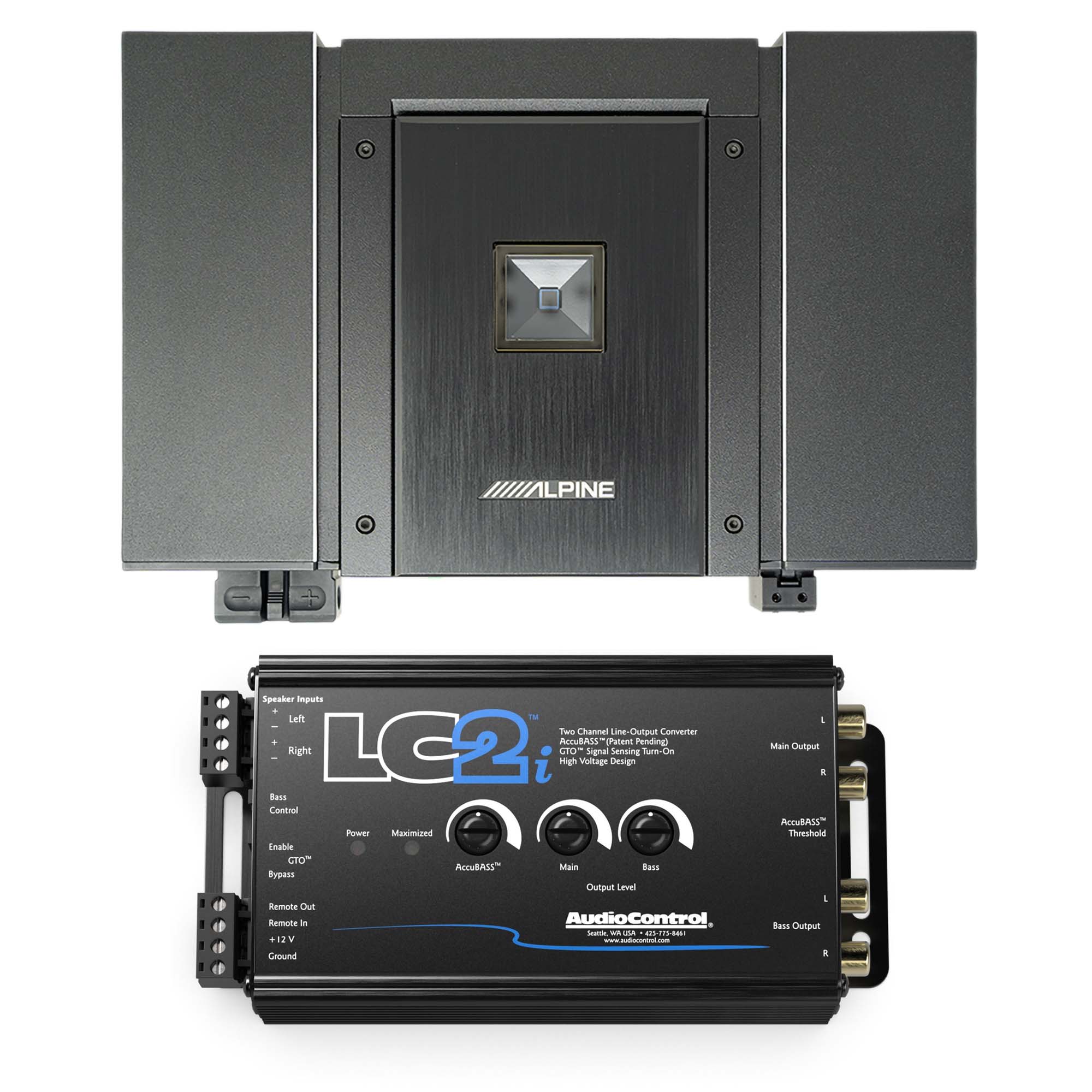 Alpine HDA-M80 Status Series Hi-Res Mono Subwoofer Amplifier 900 Watts with AudioControl LC2i 2 Channel Line-Output Converter and AccuBASS Bundle