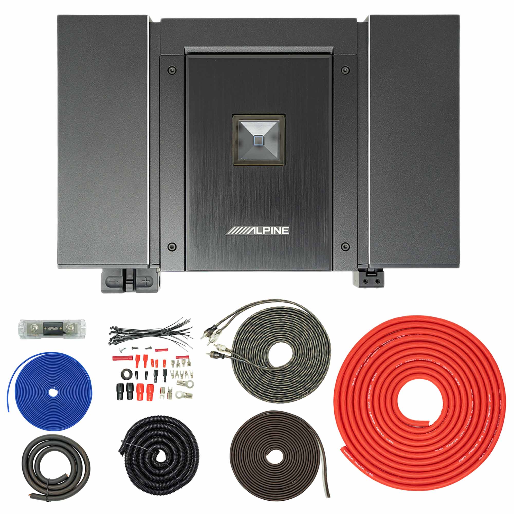 Alpine HDA-M80 Status Series Hi-Res Mono Subwoofer Amplifier 900 Watts with SoundBox TCK4, 4 Gauge OFC Complete 4 GA Copper Amplifier Install Wiring Kit Bundle