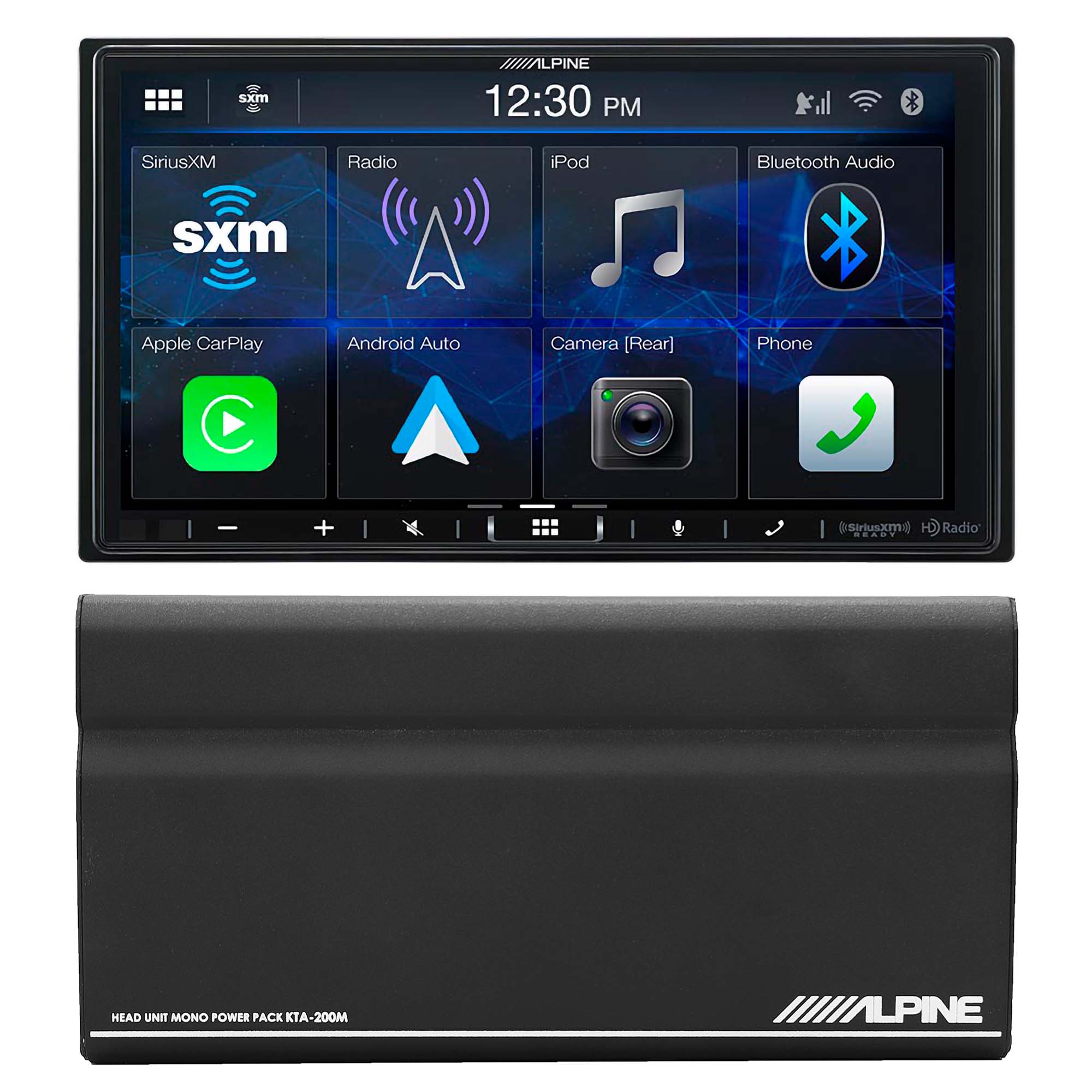 Alpine iLX-407 7-Inch Double DIN Digital Media Receiver with Apple CarPlay Android Auto and Alpine KTA-200M PowerStack Class D Mono Subwoofer Amplifier Bundle