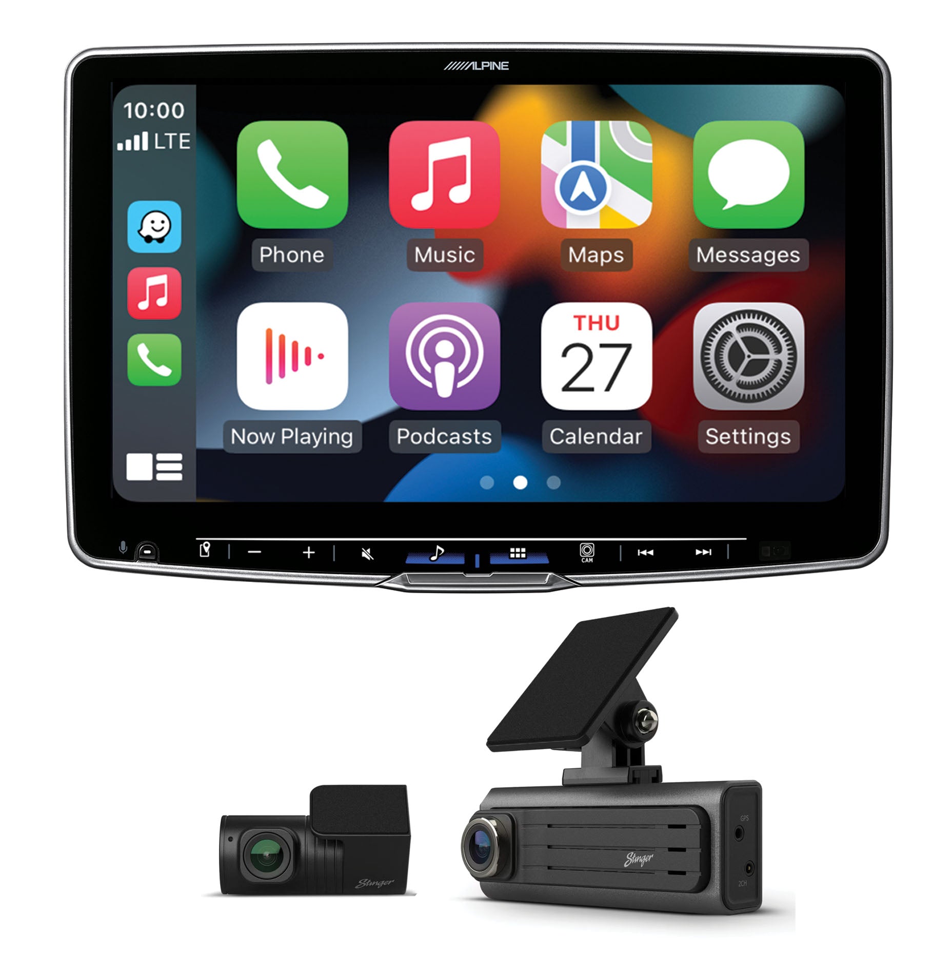 Alpine iLX-F511 Halo 11 Floating Hi-Res Multimedia Receiver with Wireless Apple CarPlay Android Auto and Stinger SDC-2CHFHD Opsis Universal Full HD Front & Rear Dash Camera Bundle