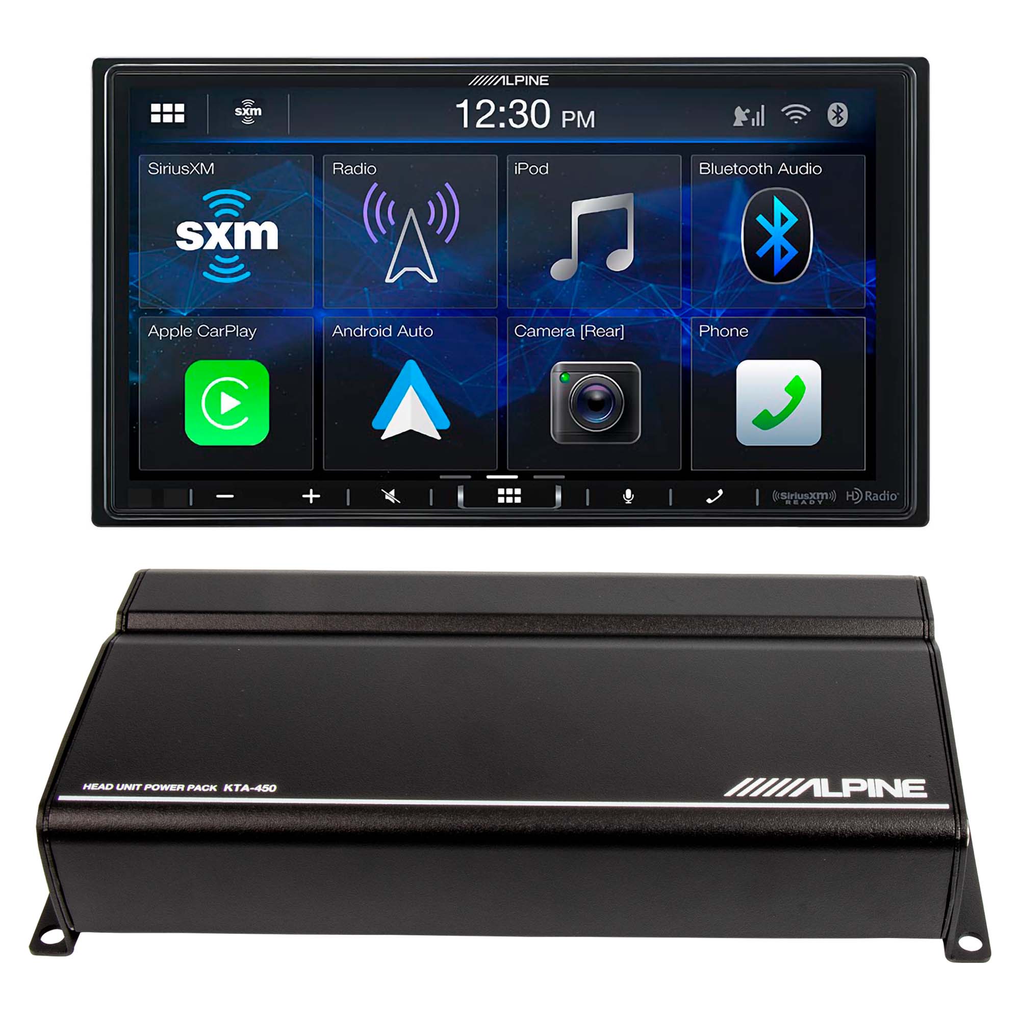Alpine ILX-W670 7-Inch Double DIN Multimedia Receiver with Apple CarPlay Android Auto and Alpine KTA-450 Power Pack Class D 4 Channel Amplifier 400 Watts DPP Bundle