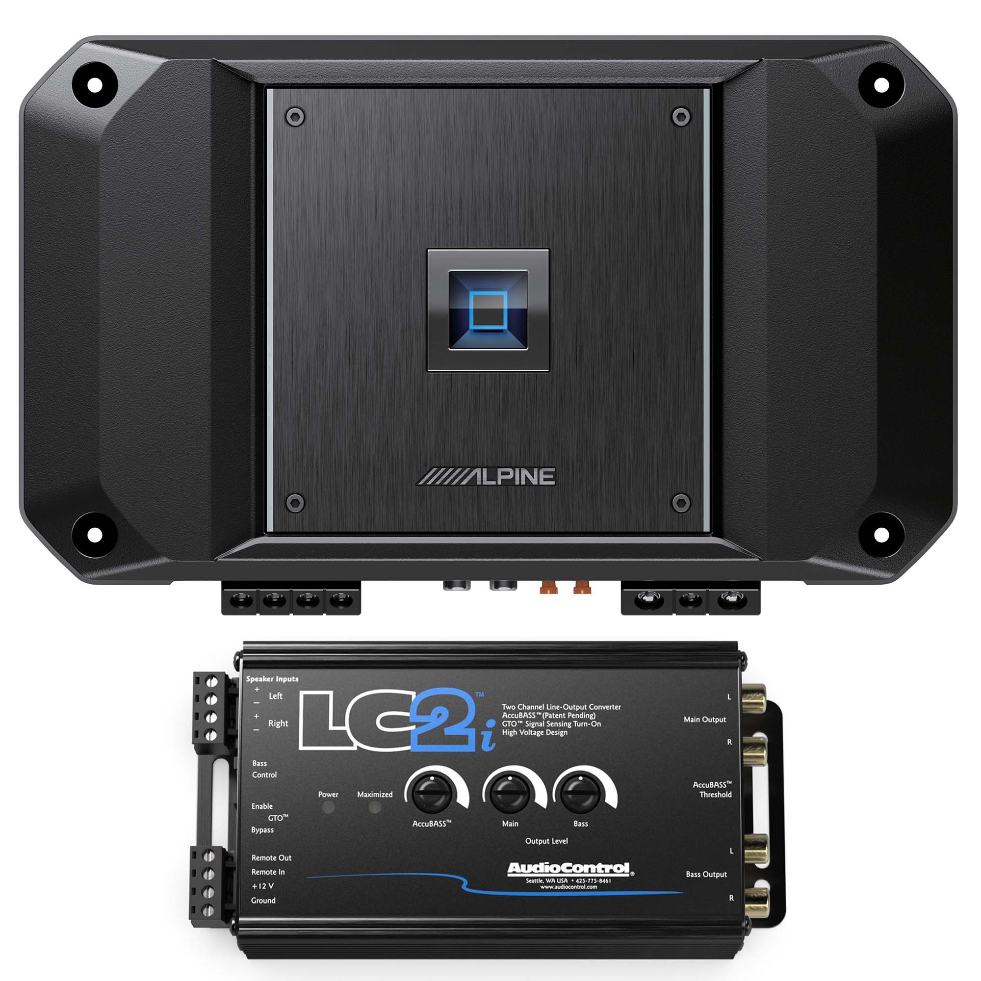 Alpine R2-A75M R Series Mono Class D Subwoofer Amplifier 750W with AudioControl LC2i 2 Channel Line-Output Converter with AccuBASS Bundle