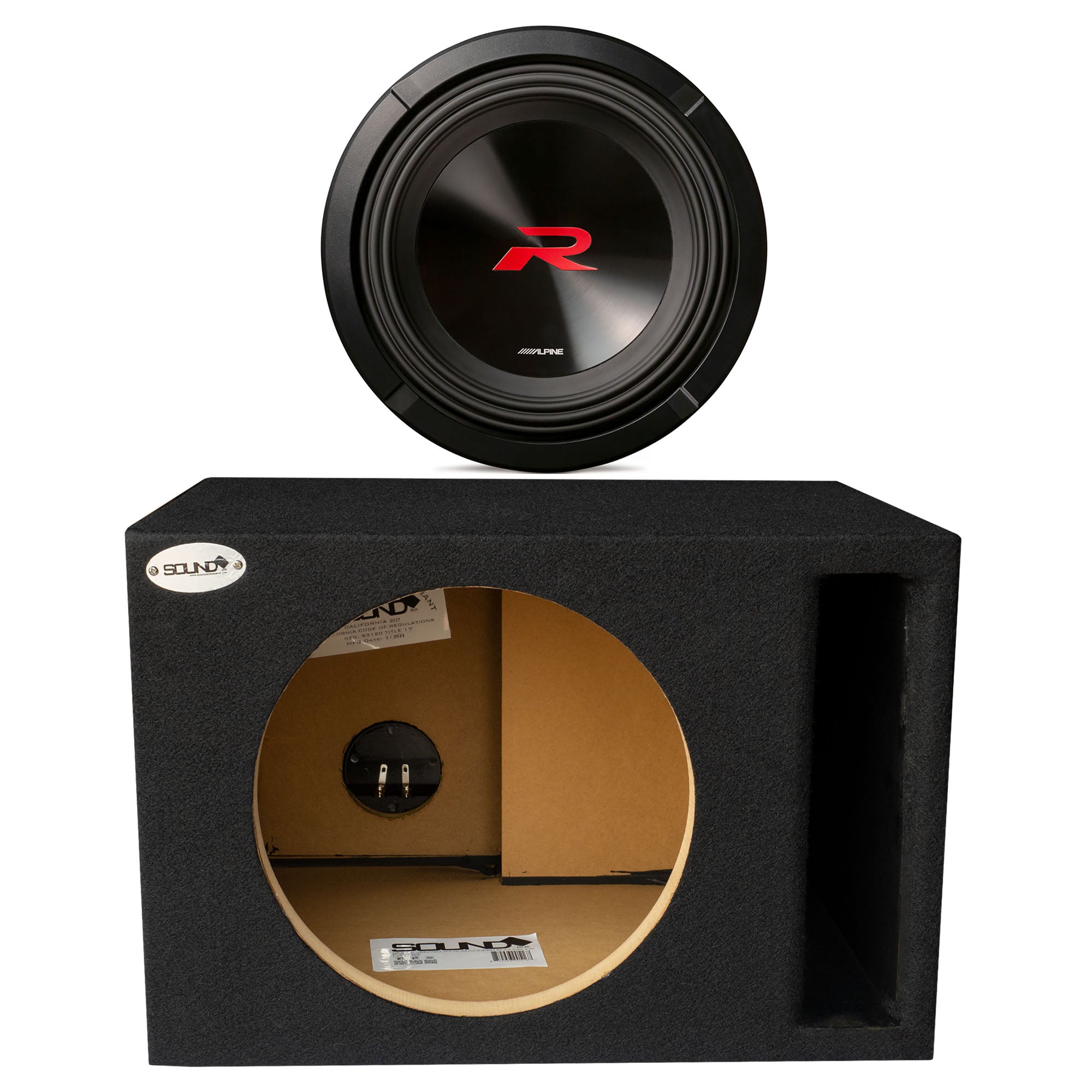 Alpine R2-W10D2 R Series 10 Dual 2-Ohm Subwoofer with SoundBox E Series Single 10-Inch Vented Subwoofer Enclosure Bundle