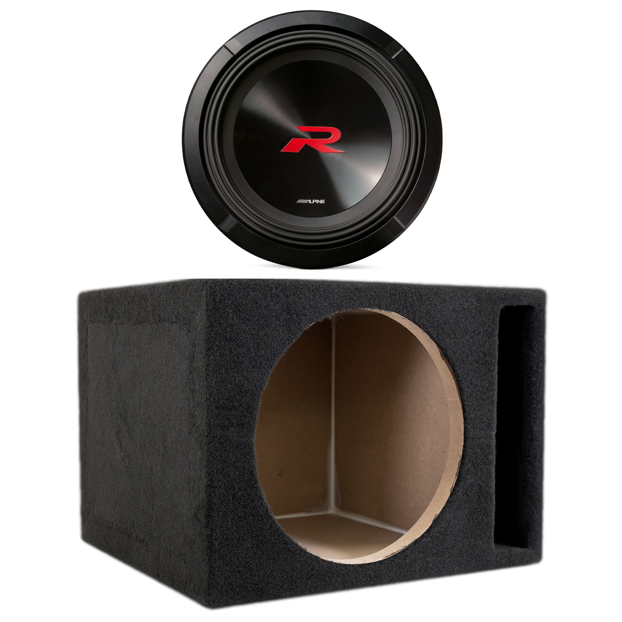 Alpine R2-W12D2 R Series 12 Dual 2-Ohm Subwoofer with SoundBox E Series Single 12-Inch Vented Subwoofer Enclosure Bundle