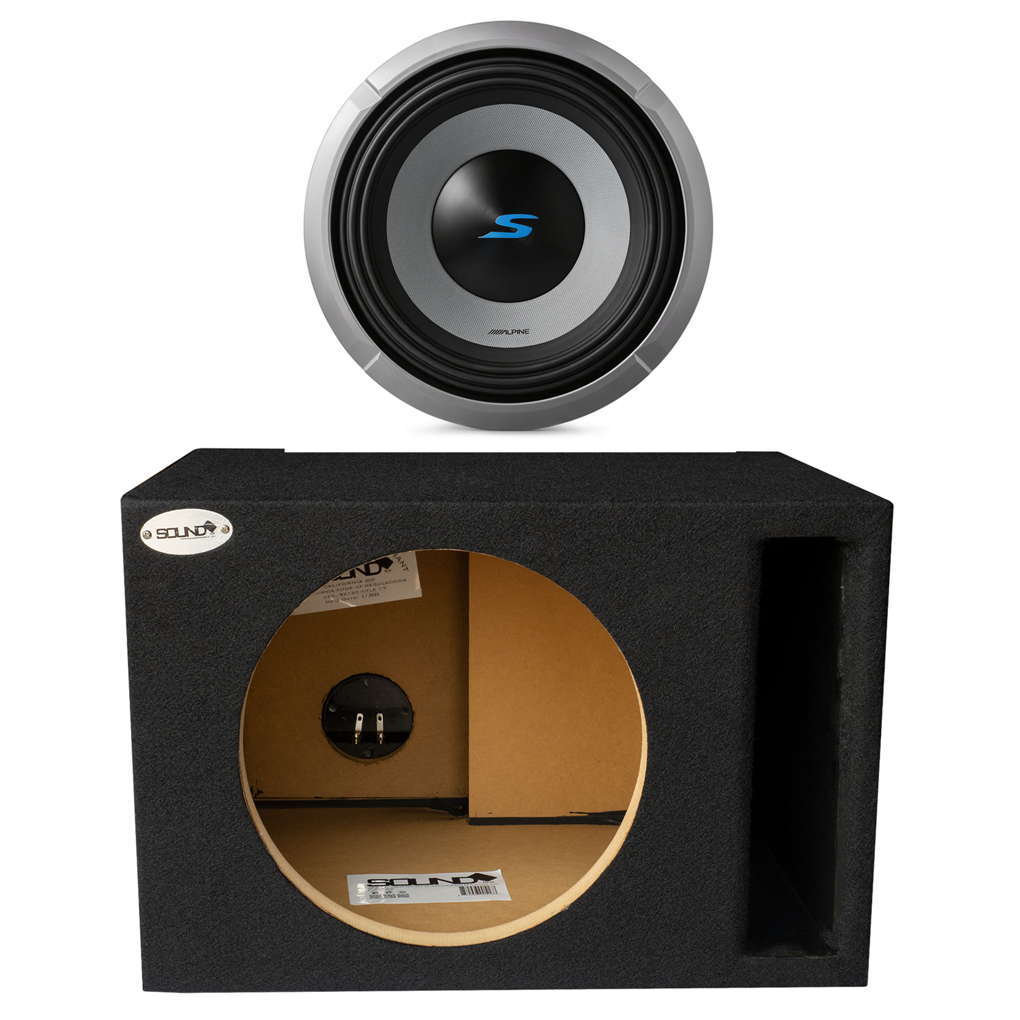 Alpine S2-W10D2 S Series 10 Dual 2-Ohm Subwoofer 1800W with SoundBox E Series Single 10-Inch Vented Subwoofer Enclosure Bundle