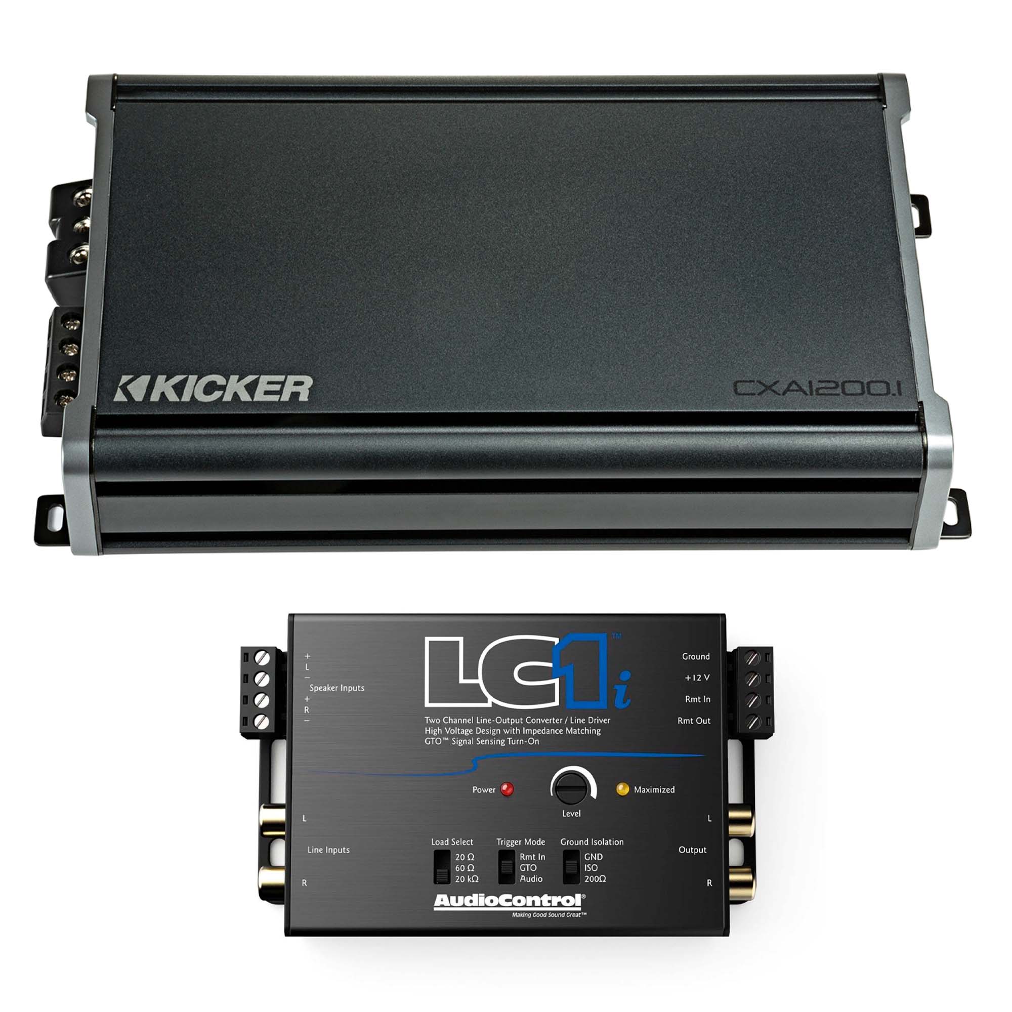 Kicker 46CXA12001 Mono Class D Subwoofer Amplifier & AudioControl LC1i 2-Channel Line Output Converter – 1200W Power, KickEQ Bass Boost, 40V Speaker-Level Input, OEM Integration, Subwoofer System Upgrade