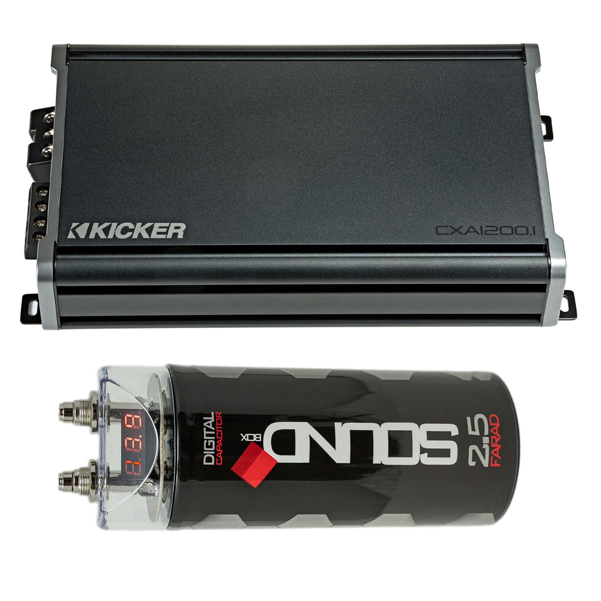 Kicker 46CXA12001 Mono Class D Subwoofer Amplifier (1200W) & SoundBox SCAP2D 2.5 Farad Digital Capacitor – High-Performance Bass System Upgrade, KickEQ Bass Boost, 24dB Subsonic Filter, Voltage Stabilization