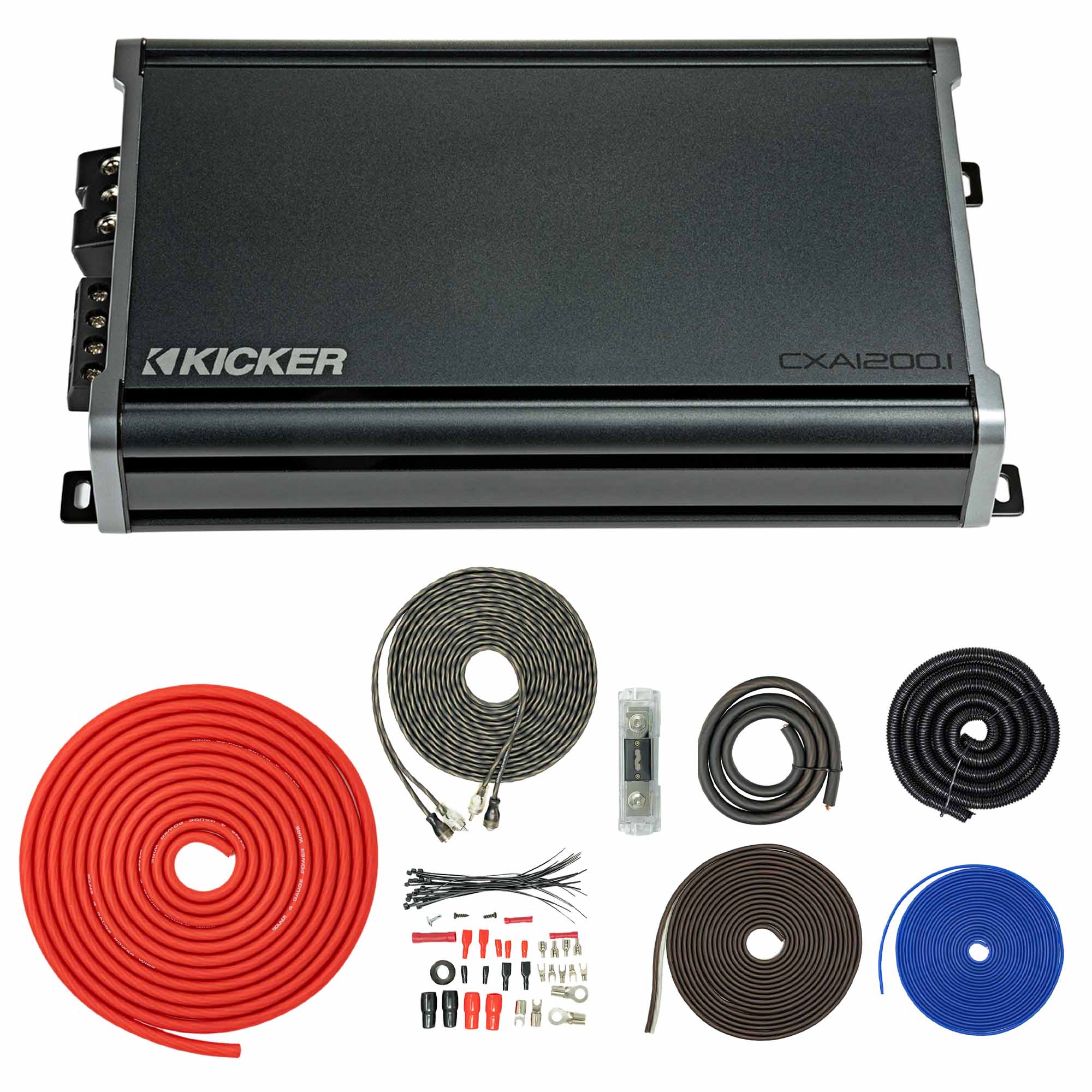 Kicker 46CXA12001 Mono Class D Subwoofer Amplifier (1200W) and SoundBox T4AW-R 4 Gauge Amp Wiring Kit – Complete Car Audio Upgrade, KickEQ Bass Boost, 24dB Subsonic Filter, 4500W Install Kit