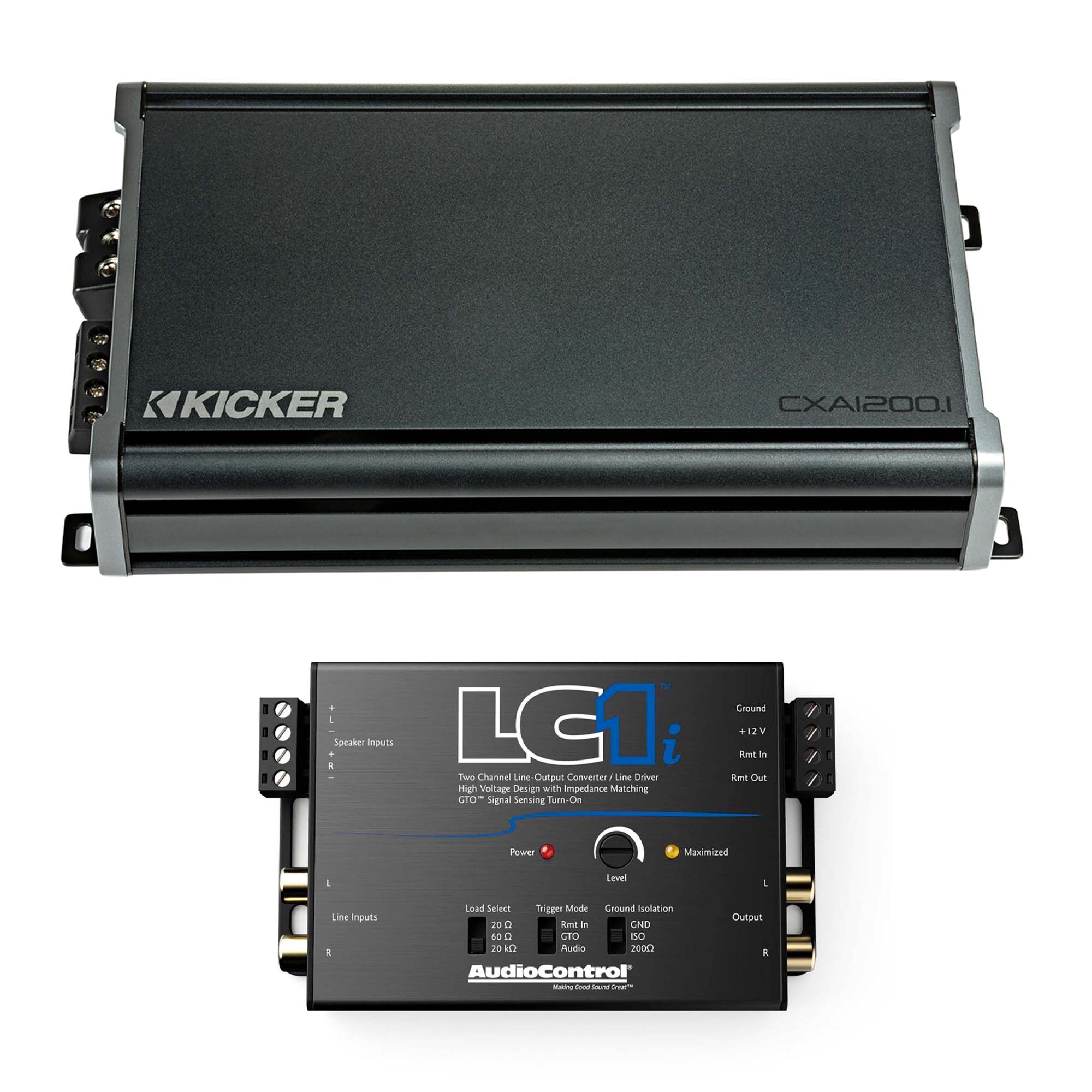 Kicker 46CXA18001 Mono Class D Subwoofer Amplifier (1800W) and AudioControl LC1i 2-Channel Line Output Converter – High-Power Bass System, KickEQ Bass Boost, 24dB Subsonic Filter, OEM Integration