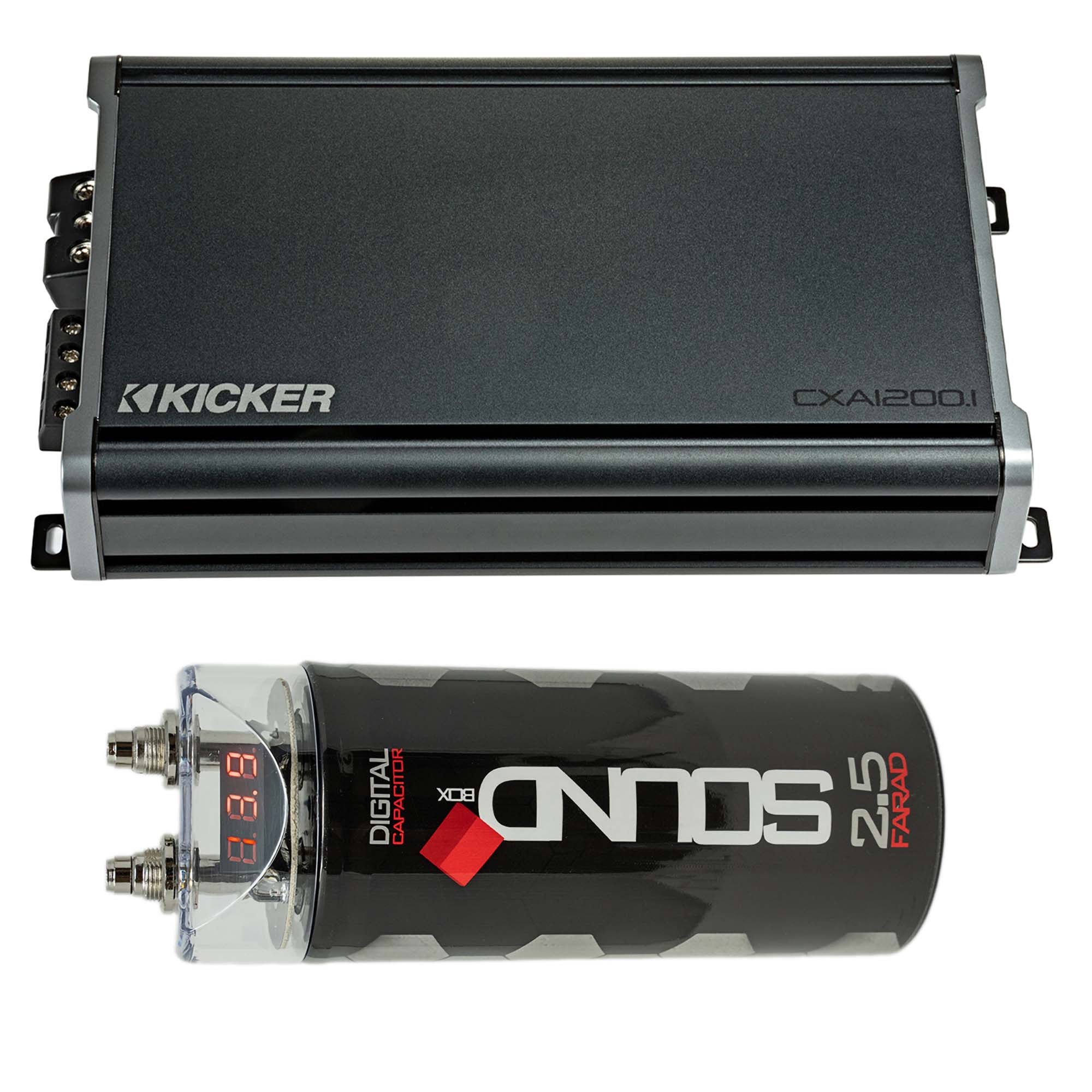 Kicker 46CXA18001 Mono Class D Subwoofer Amplifier (1800W) and SoundBox SCAP2D 2.5 Farad Digital Capacitor – High-Power Bass System, KickEQ Bass Boost, 24dB Subsonic Filter, Voltage Stabilization