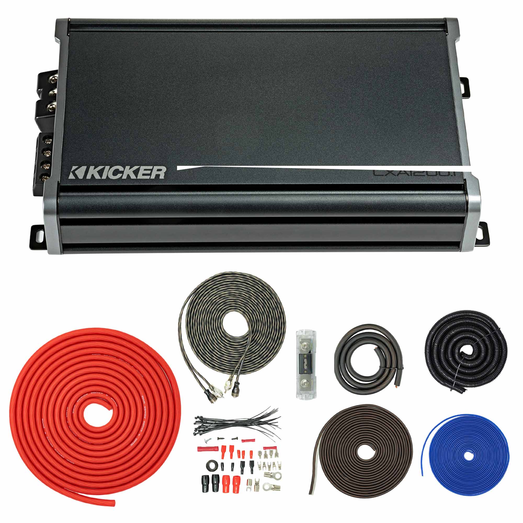 Kicker 46CXA18001 1800W CX Series Mono Class D Subwoofer Amplifier + SoundBox T4AW-R 4 Gauge Amp Kit Bundle – Complete Install Wiring, 4500W, 12dB Crossover, KickEQ Bass Boost