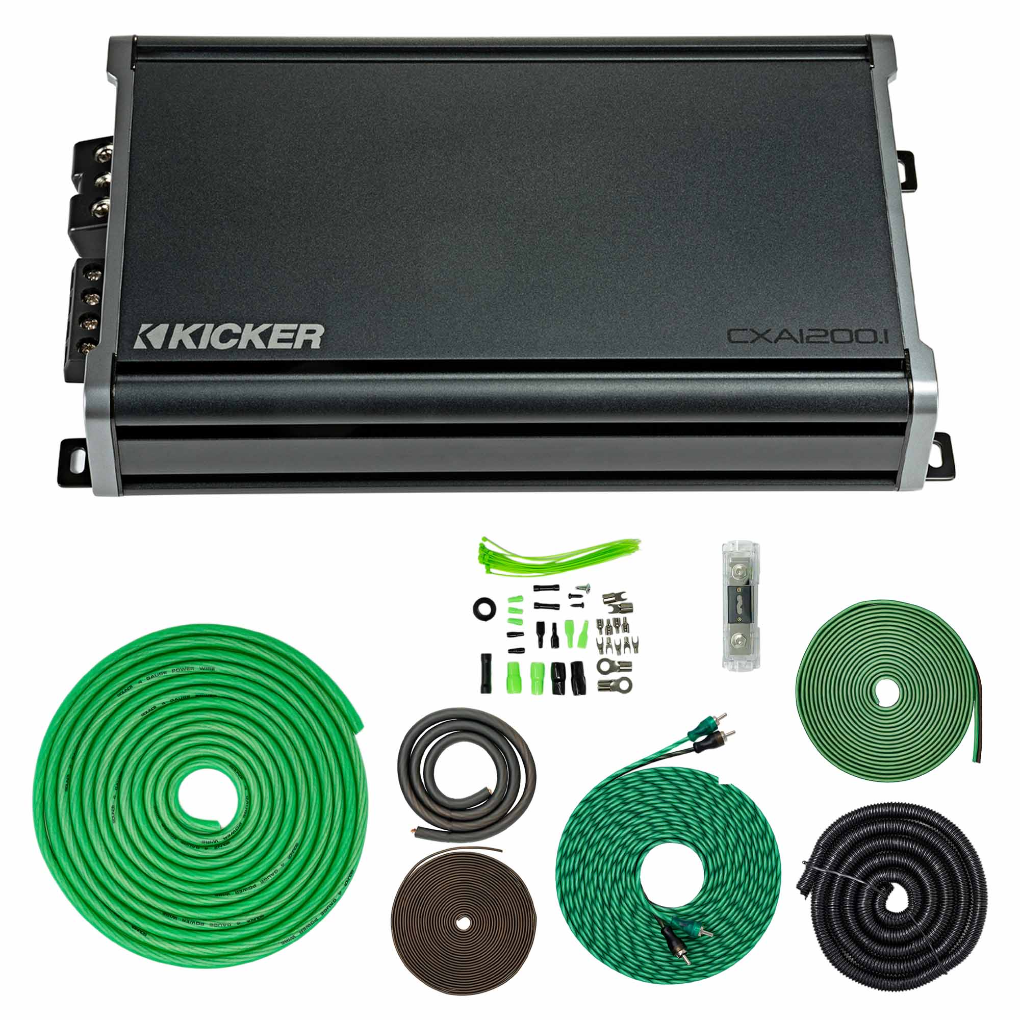 Kicker 46CXA18001 1800W CX Series Mono Class D Subwoofer Amplifier + SoundBox 4 Gauge Amp Kit Bundle – Complete AWG Wiring & Installation Kit, 5000W