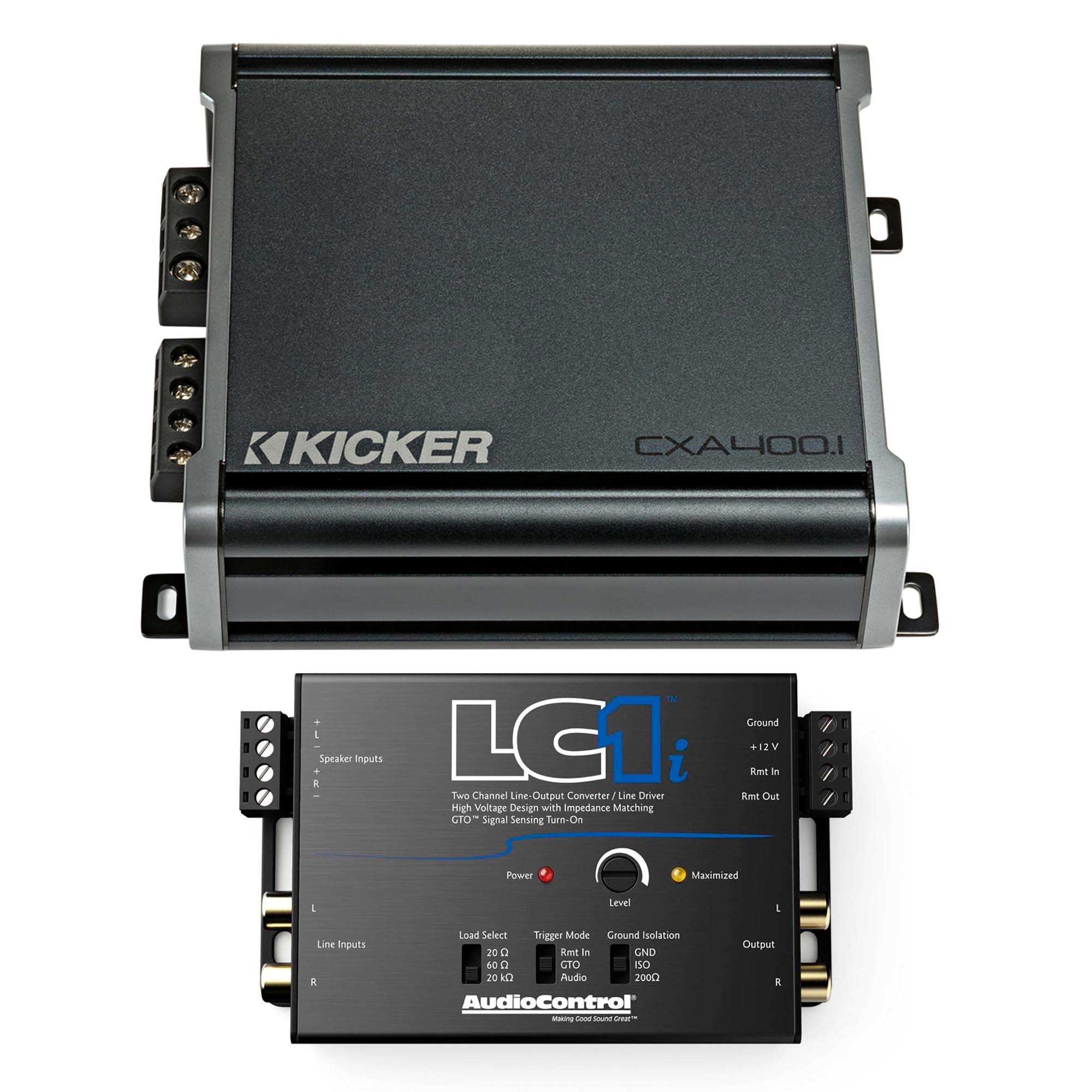 Kicker 46CXA4001 400W CX Series Mono Class D Subwoofer Amplifier + AudioControl LC1i 2‑Channel Line Output Converter & Line Driver Bundle – One‑Ohm Stable, Variable 12dB Crossover, KickEQ Bass Boost, OEM Integration