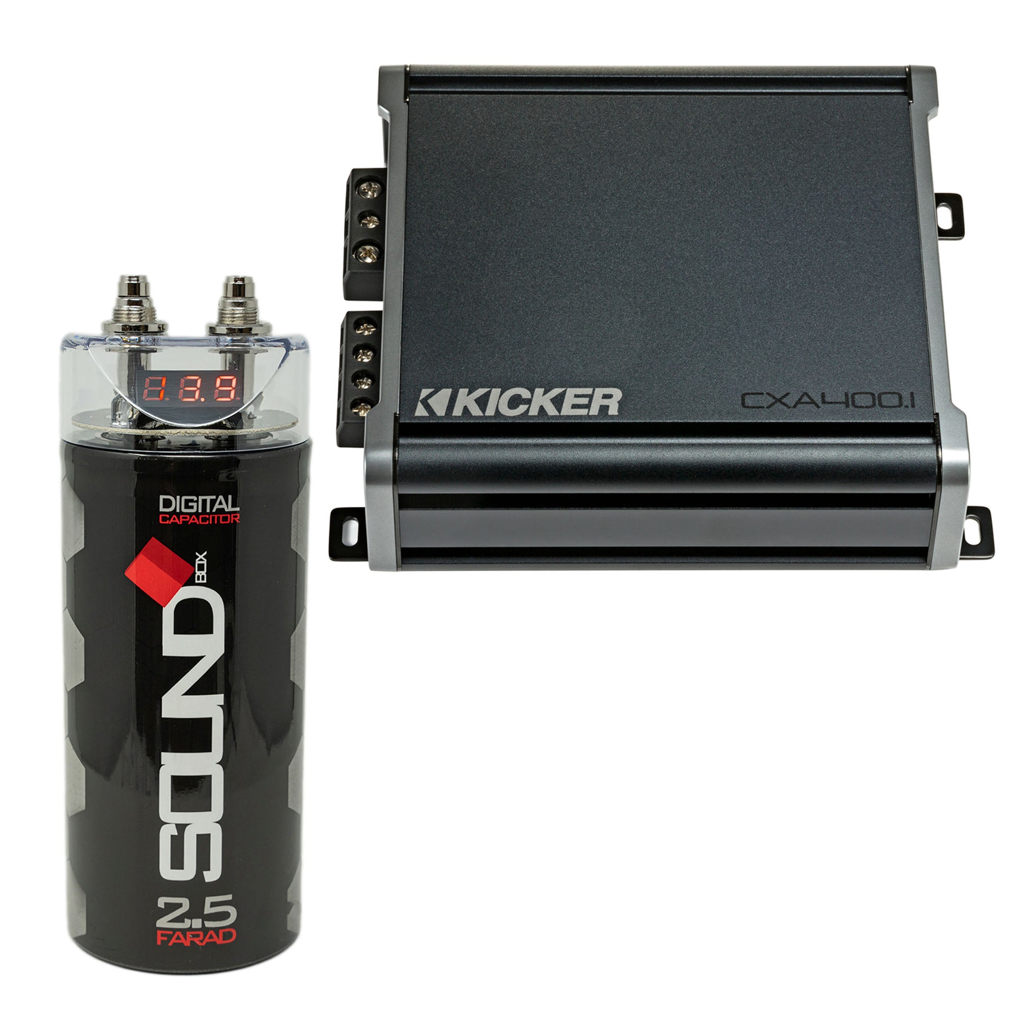 Kicker 46CXA4001 400W CX Series Mono Class D Subwoofer Amplifier + SoundBox SCAP2D 2.5F Digital Capacitor Bundle – One‑Ohm Stable, 12dB Crossover, KickEQ Bass Boost, 2500W Peak