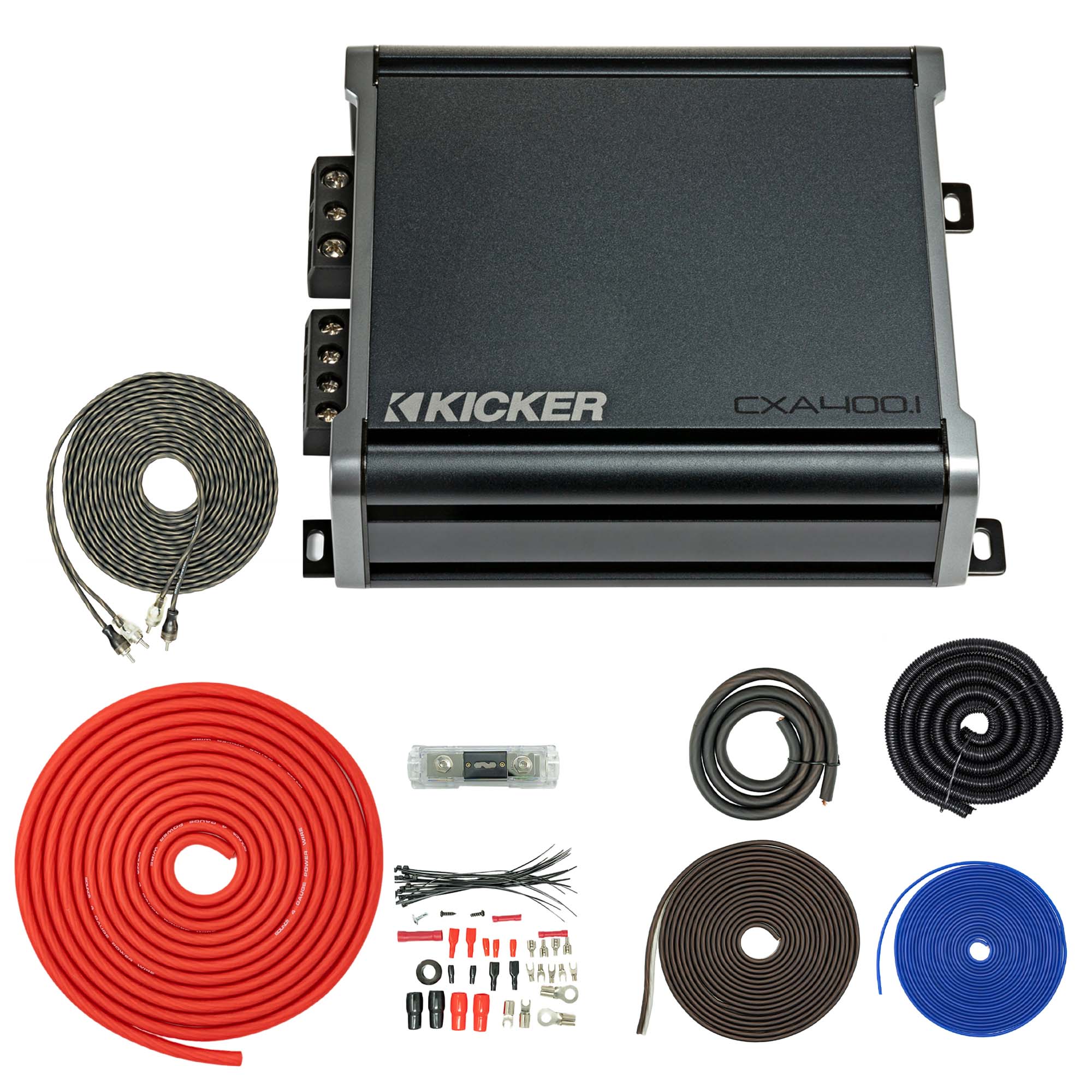 Kicker 46CXA4001 400W CX Series Mono Class D Subwoofer Amplifier + SoundBox T4AW-R 4 Gauge Amp Kit Bundle – 4500W, Variable 12dB Crossover, KickEQ Bass Boost