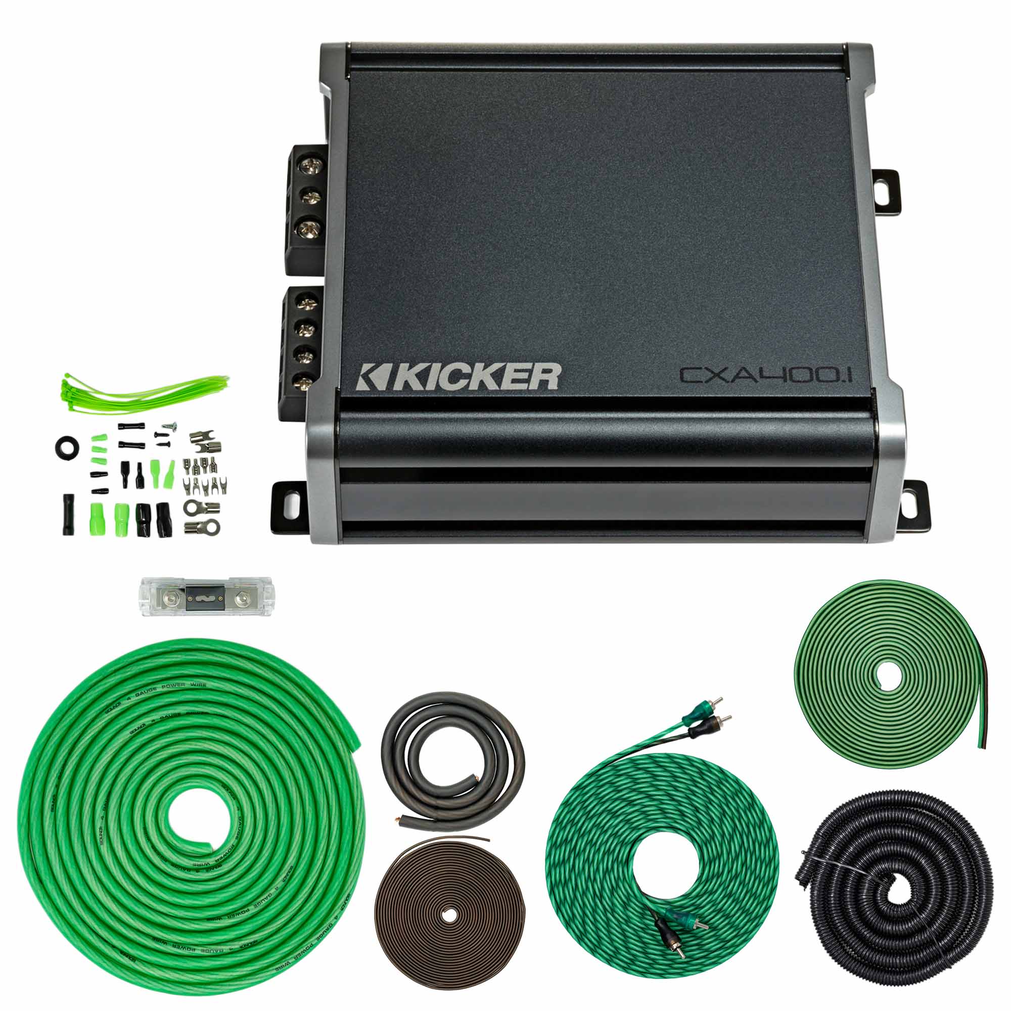 Kicker 46CXA4001 400W CX Series Mono Class D Subwoofer Amplifier + SoundBox 4 Gauge Amp Kit Bundle – Complete AWG Wiring, 5000W, One‑Ohm Stable, Variable 12dB Crossover, KickEQ Bass Boost