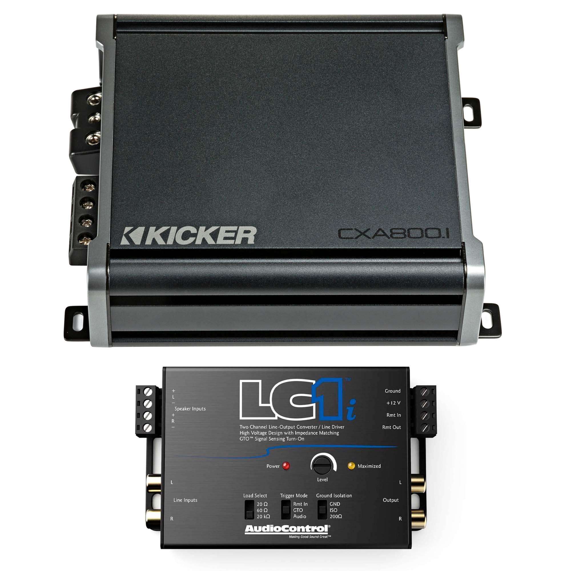 Kicker 46CXA8001 800W CX Series Mono Class D Subwoofer Amplifier + AudioControl LC1i 2‑Channel Line Output Converter & Line Driver Bundle – One‑Ohm Stable, Variable 12dB Crossover, KickEQ Bass Boost, OEM Integration