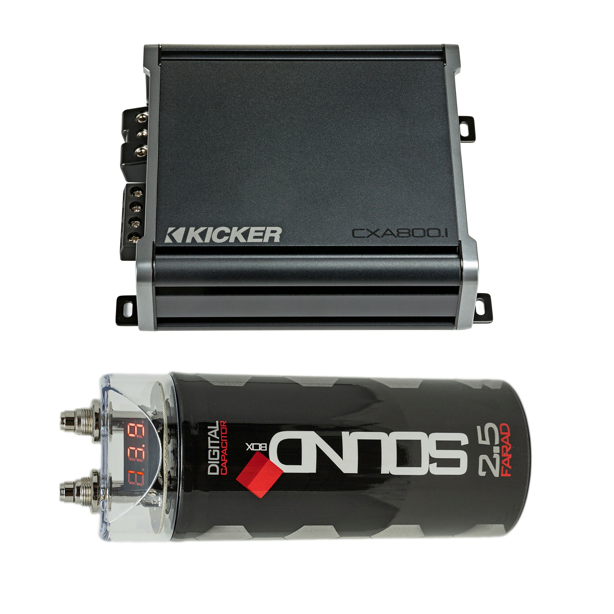 Kicker 46CXA8001 800W CX Series Mono Class D Subwoofer Amplifier + SoundBox SCAP2D 2.5F Digital Capacitor Bundle – One‑Ohm Stable, Variable 12dB Crossover, KickEQ Bass Boost, 2500W Peak