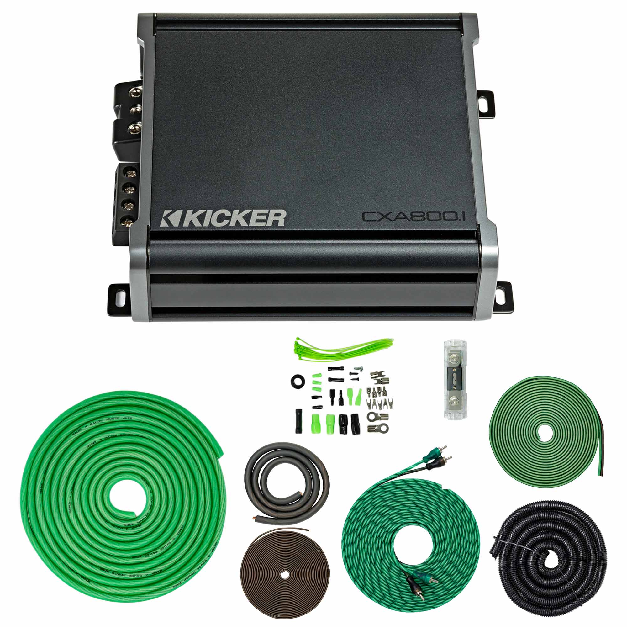 Kicker 46CXA8001 800W CX Series Mono Class D Subwoofer Amplifier + SoundBox 4 Gauge Amp Kit Bundle – Complete AWG Wiring, One‑Ohm Stable, Variable 12dB Crossover, 5000W