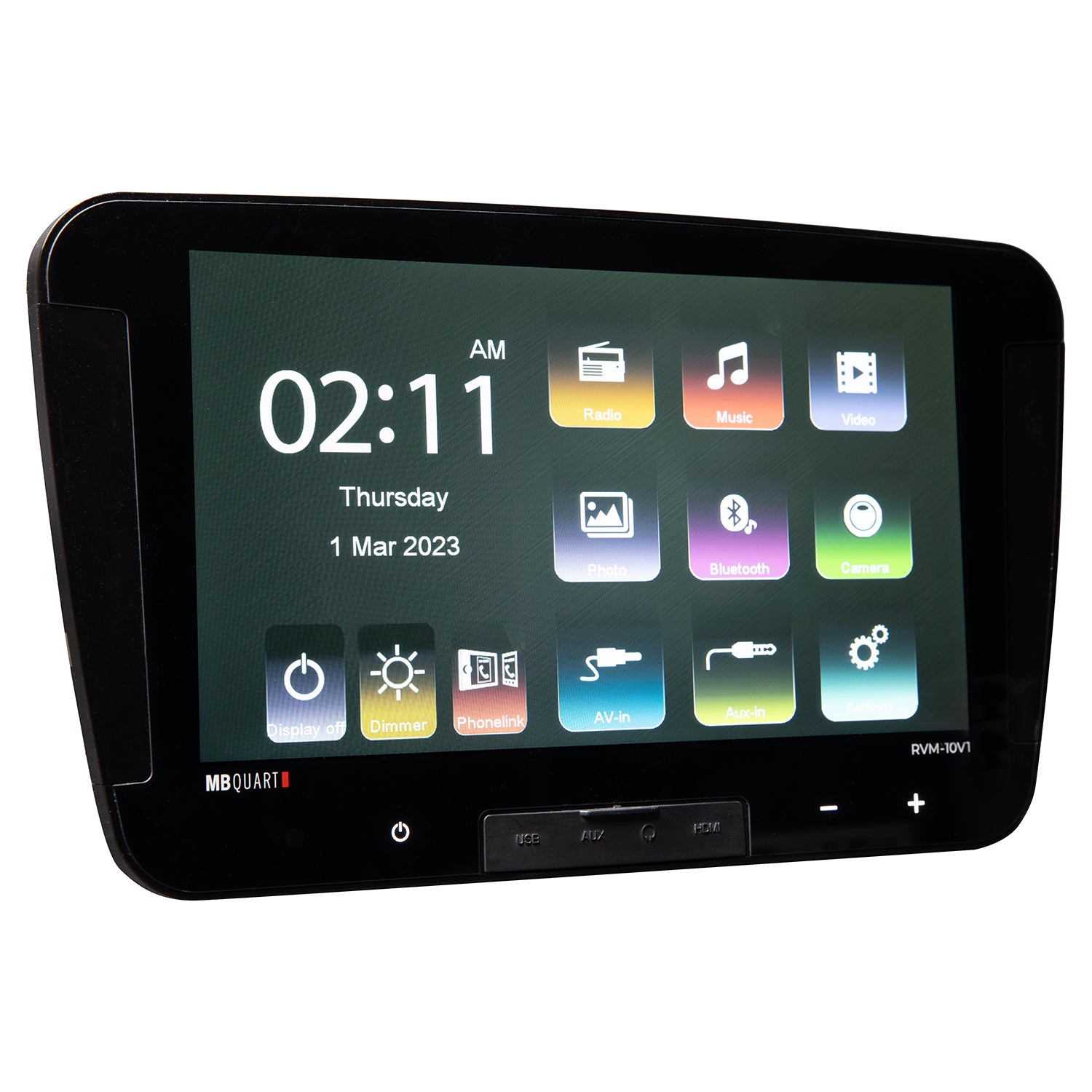 MB Quart RVM-10V1, 10" Touchscreen RV Receiver with AM/FM, Bluetooth, and Multi-Zone Audio Control.