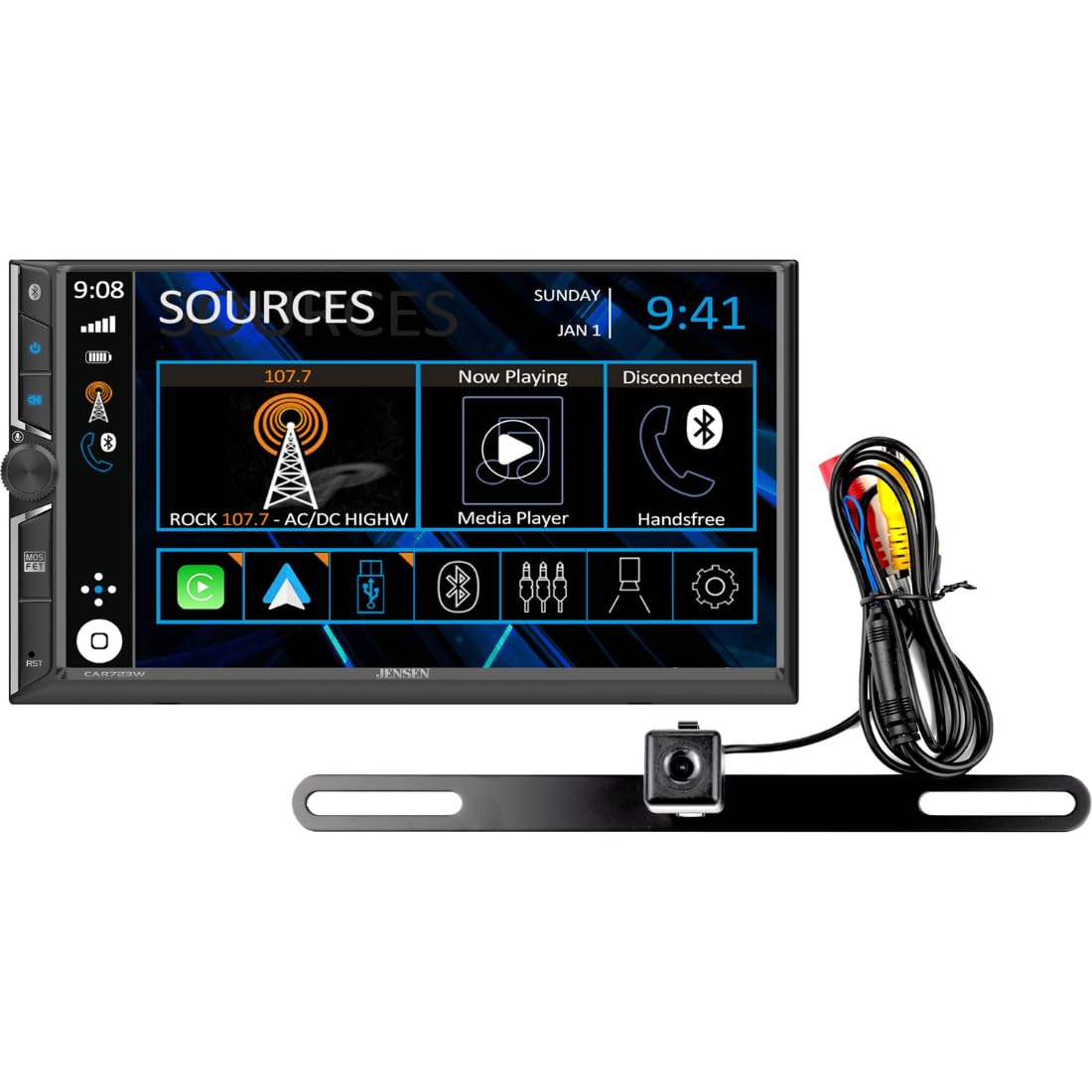 Jensen CAR723W-BC, 7" Touchscreen Double DIN Digital Multimedia Receiver w/ Wireless Apple CarPlay & Android Auto - Includes Backup Camera