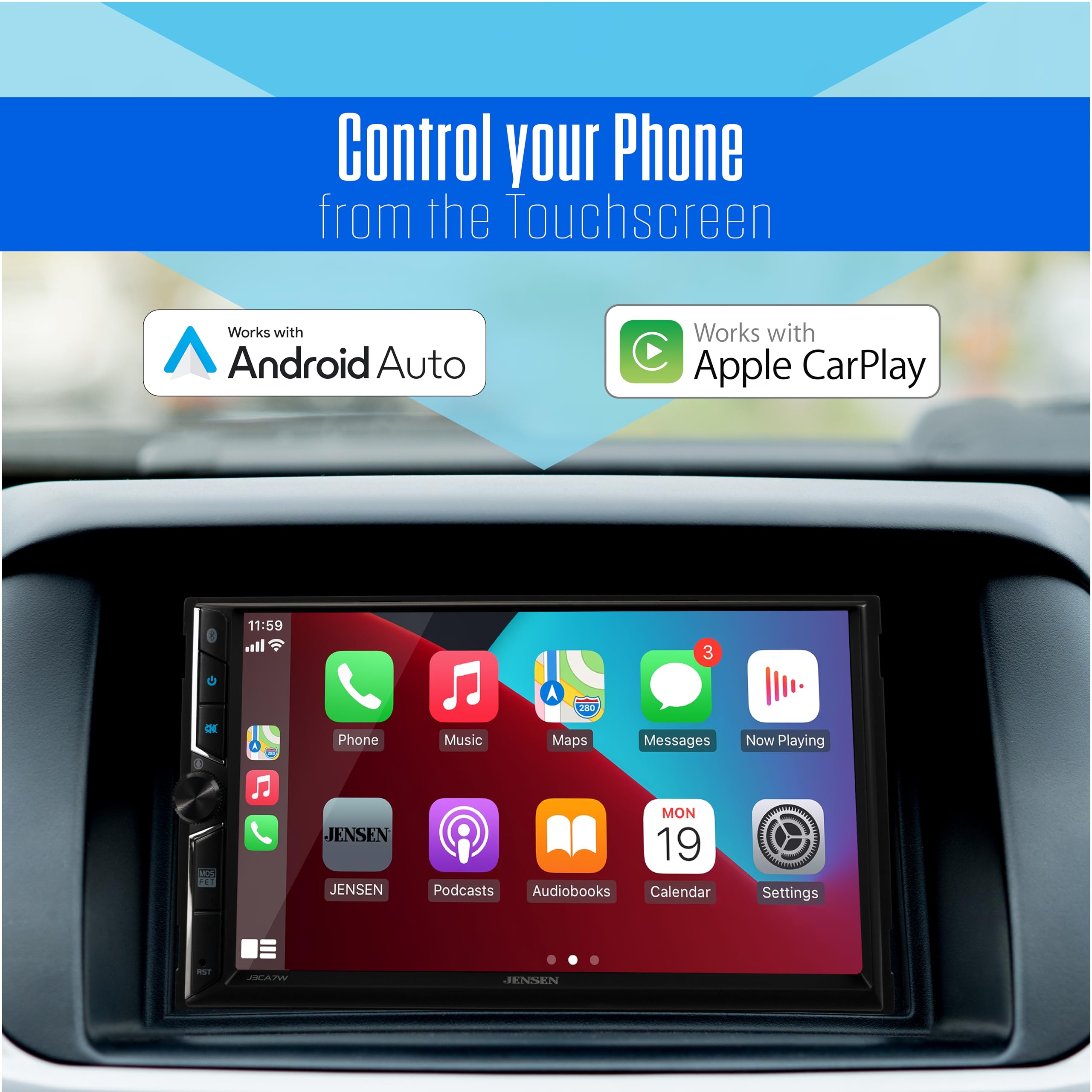 Jensen CAR813, 8" Floating Screen Touchscreen Double DIN Digital Multimedia Receiver w/ Wireless Apple CarPlay & Android Auto