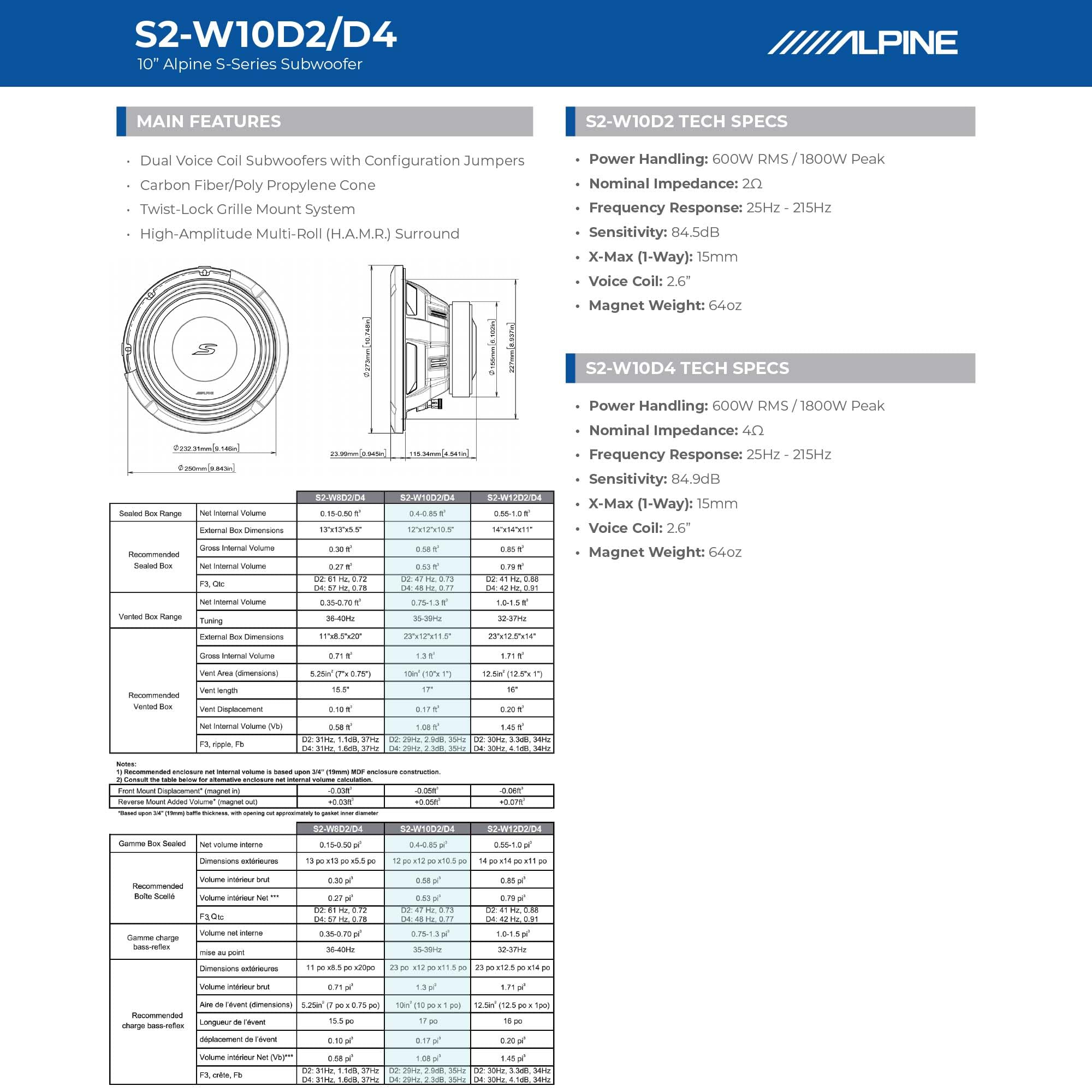 Alpine S2-W10D4, S Series 10" 4 Ohm Dual Voice Coil Subwoofer - 1800W (OB)