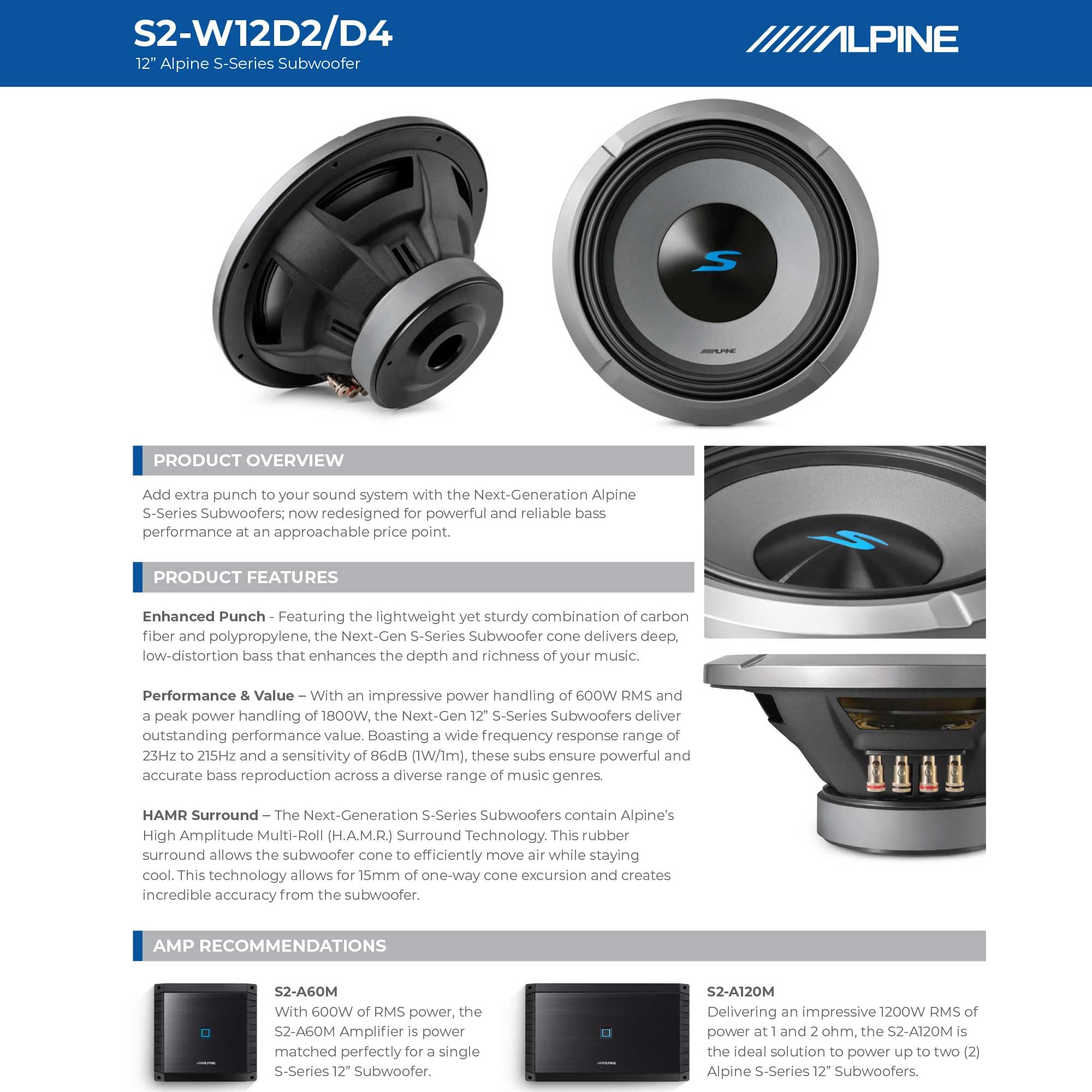 Alpine S2-W12D4, S Series 12" 4 Ohm Dual Voice Coil Subwoofer - 1800W (OB)