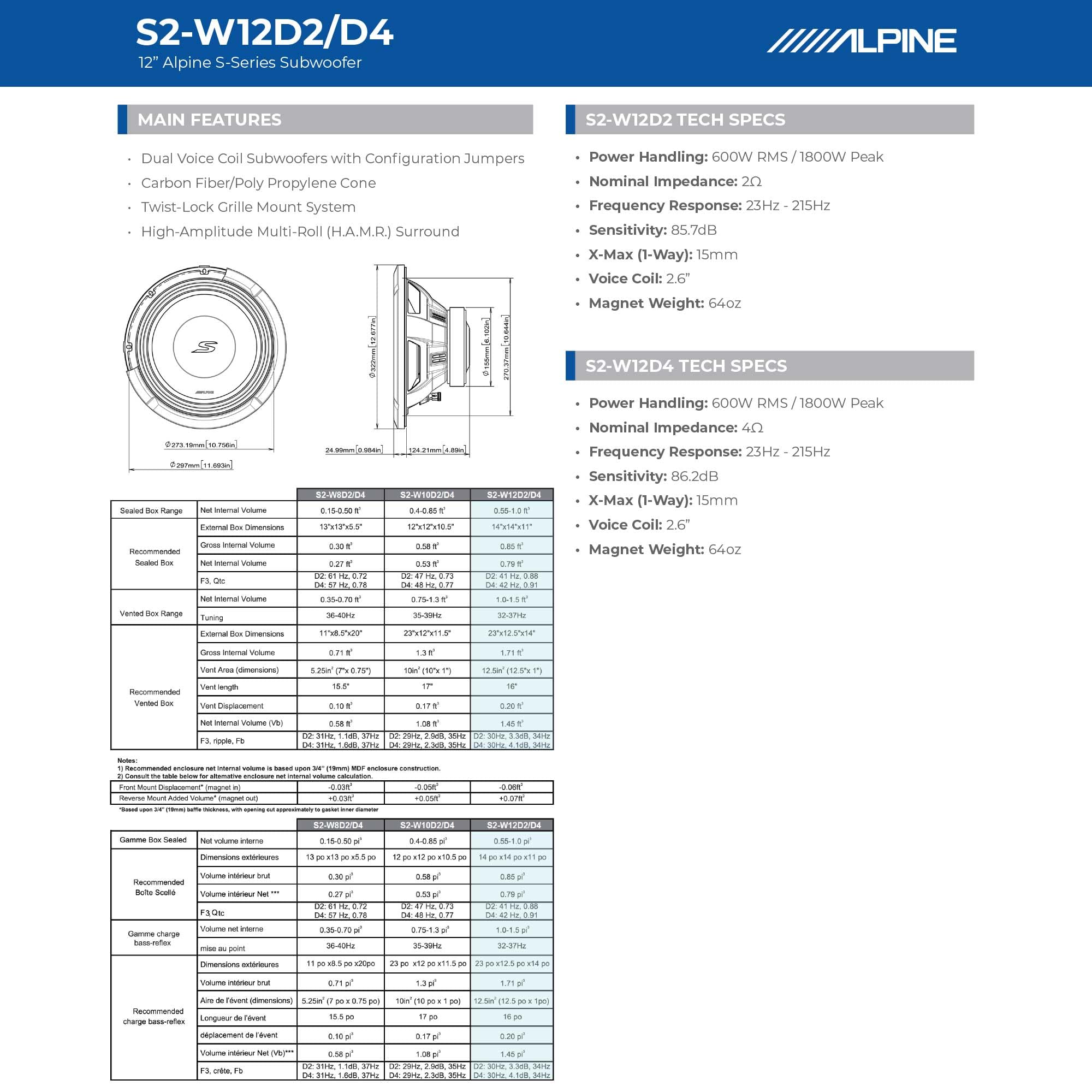 Alpine S2-W12D4, S Series 12" 4 Ohm Dual Voice Coil Subwoofer - 1800W (OB)