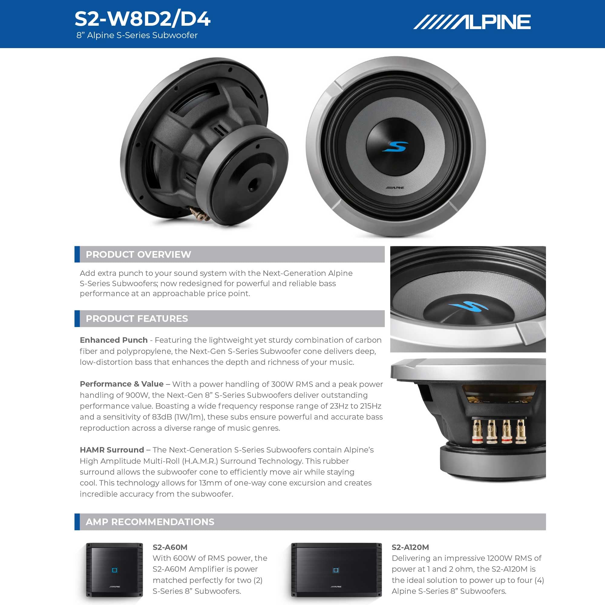 Alpine S2-W8D2, S Series 8" 2 Ohm Dual Voice Coil Subwoofer - 900W (OB)