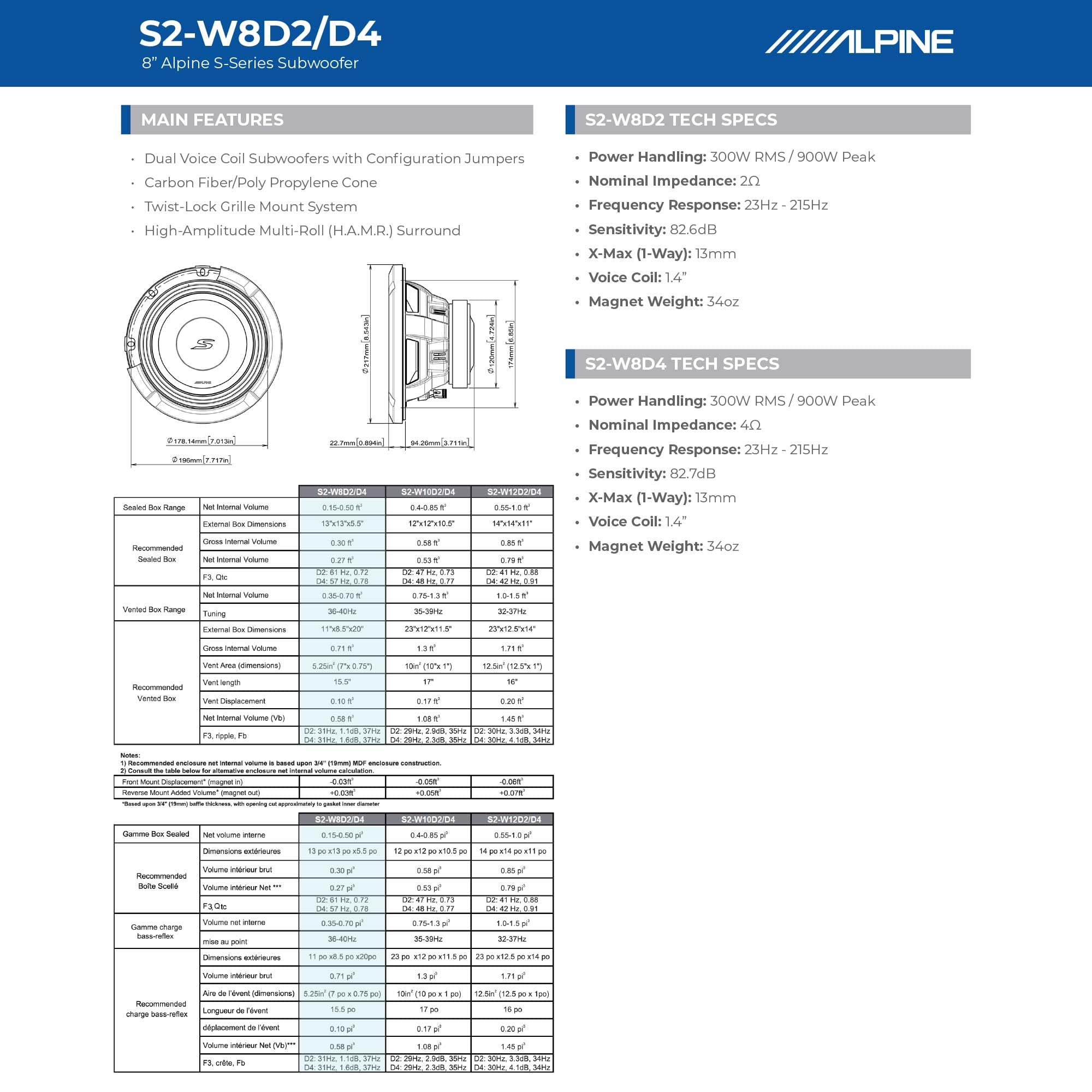 Alpine S2-W8D4, S Series 8" 4 Ohm Dual Voice Coil Subwoofer - 900W (OB)
