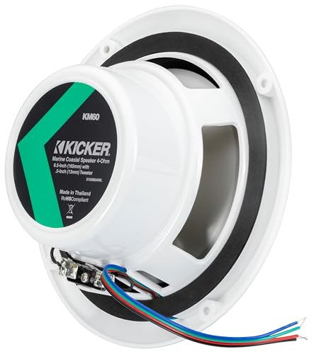 Kicker KM604WL, KM60 6.5" Marine Coaxial Speakers w/.5" Tweeters, Rgb Leds, White, 4-Ohm (51KM604WL) (OB)