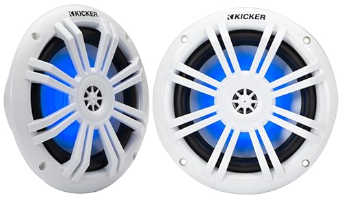 Kicker KM604WL, KM60 6.5" Marine Coaxial Speakers w/.5" Tweeters, Rgb Leds, White, 4-Ohm (51KM604WL) (OB)