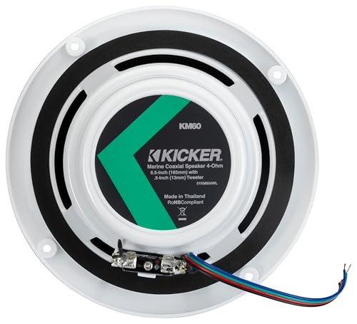 Kicker KM604WL, KM60 6.5" Marine Coaxial Speakers w/.5" Tweeters, Rgb Leds, White, 4-Ohm (51KM604WL) (OB)