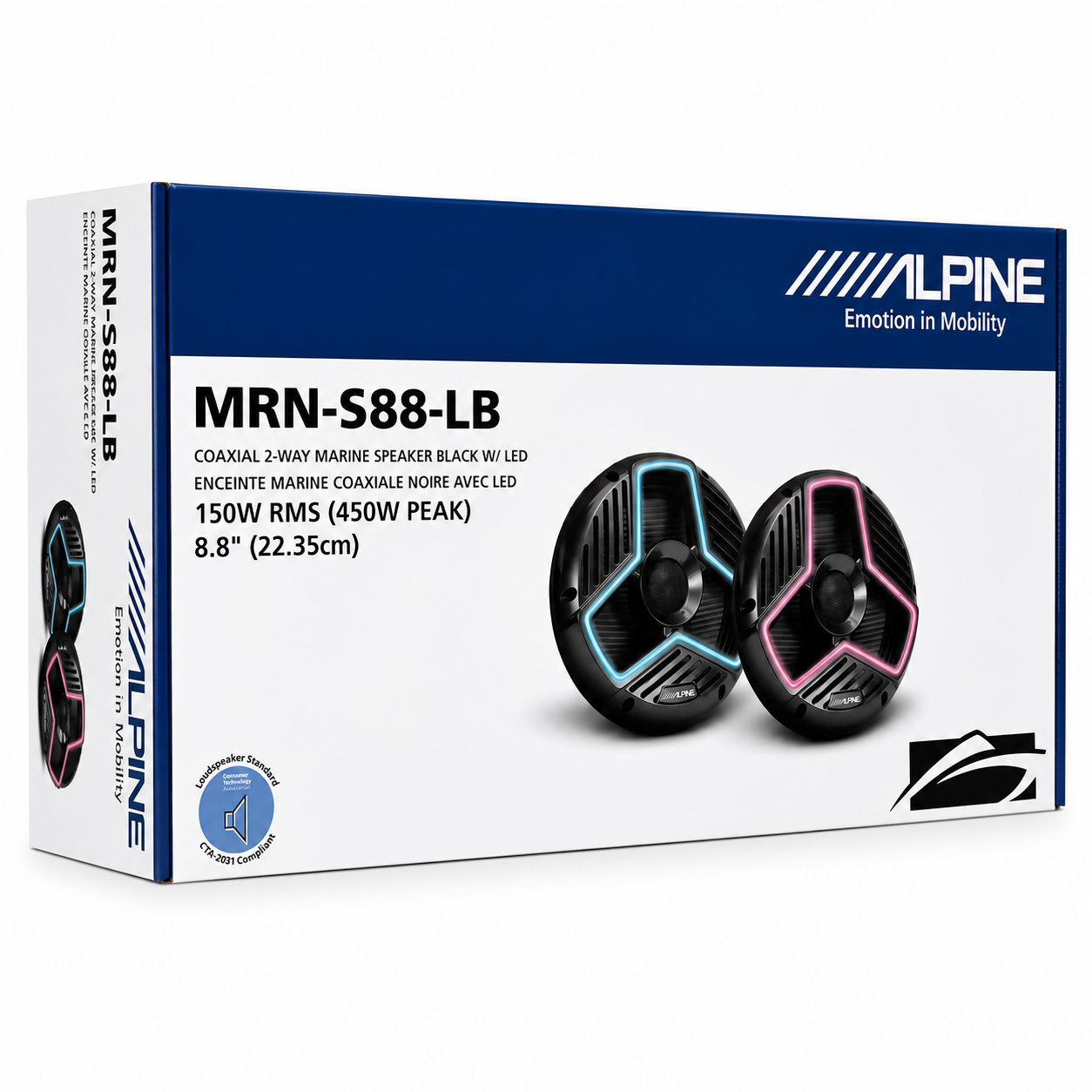 Alpine MRN-S88-LB, 8.8" Marine 2-Way Coaxial Speakers w/ LED Grille - Black