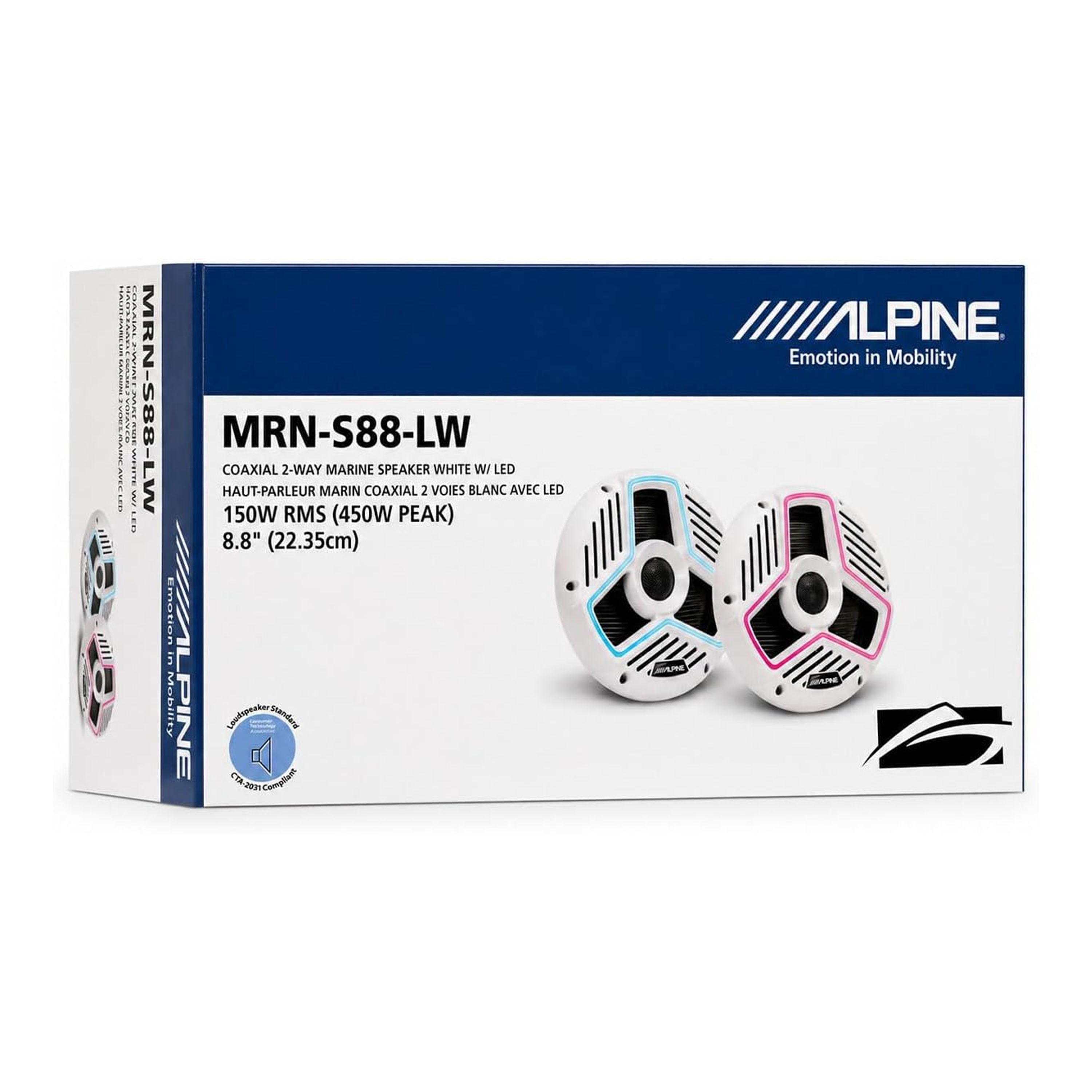 Alpine MRN-S88-LW, 8.8" Marine 2-Way Coaxial Speakers w/ LED Grille - White