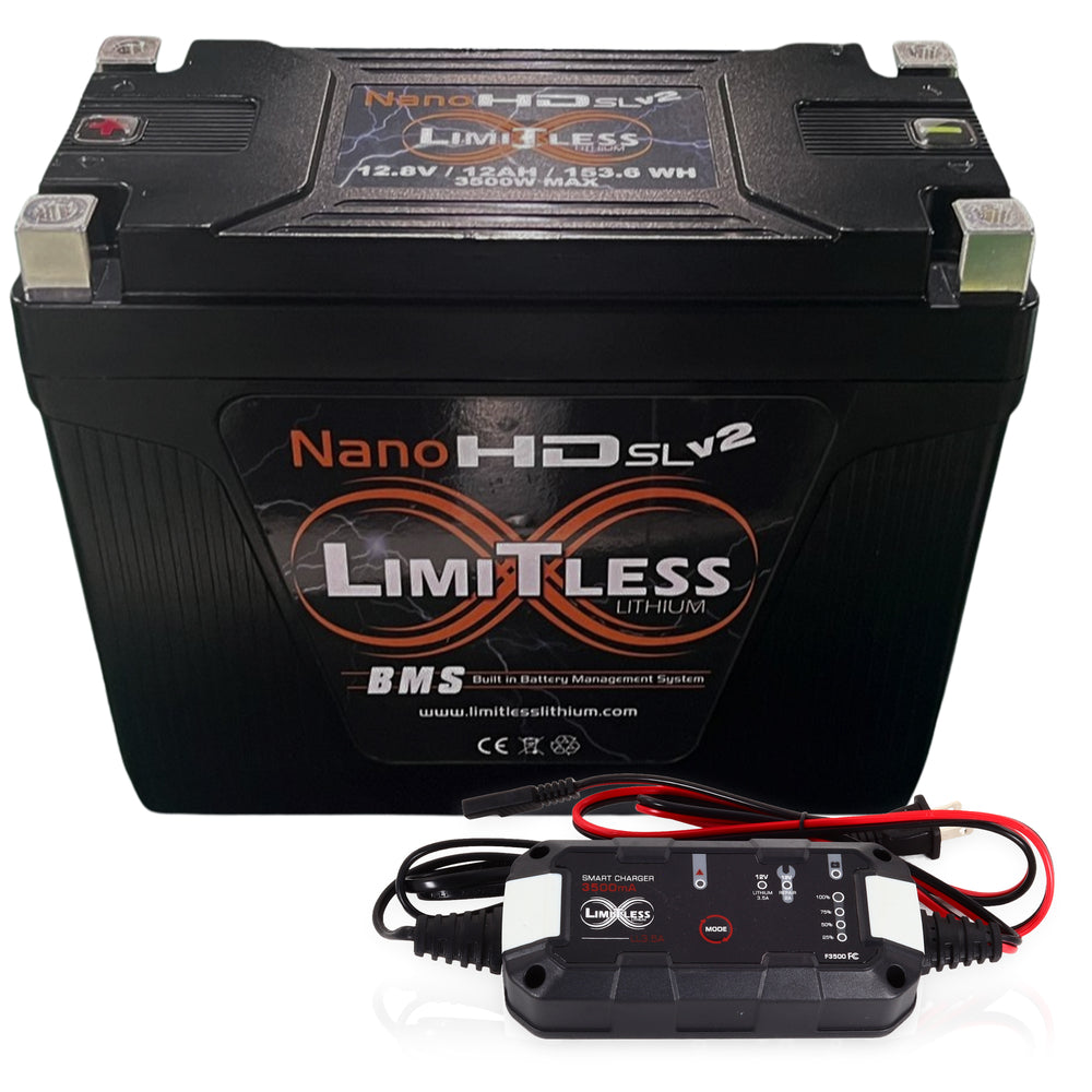 Limitless NSL-12AHV2/MTN, Nano Slim V2 12AH 3000W Motorcycle/Powersports Battery Combo w/ SV Maintainer