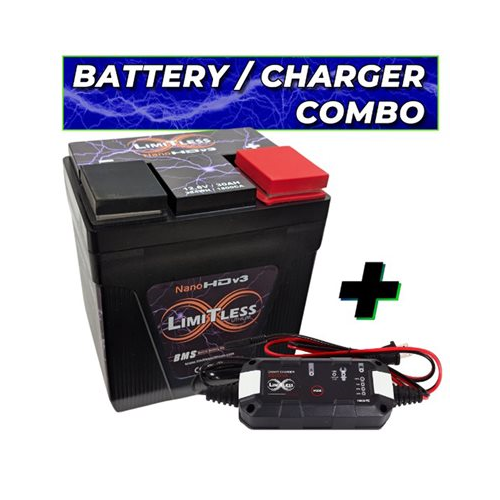 Limitless NANO-HDV3/MTN, Nano HDv3 30AH 6500W Motorcycle/Powersports Battery Combo w/ SV Maintainer