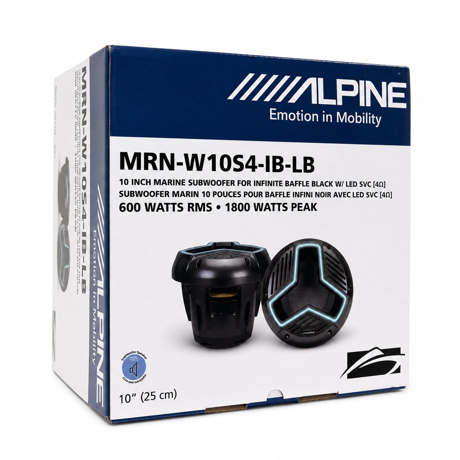 Alpine MRN-W10S4-IB-LB, Marine 10" Infinite Baffle Single 4 Ohm Voice Coil Subwoofer - Black