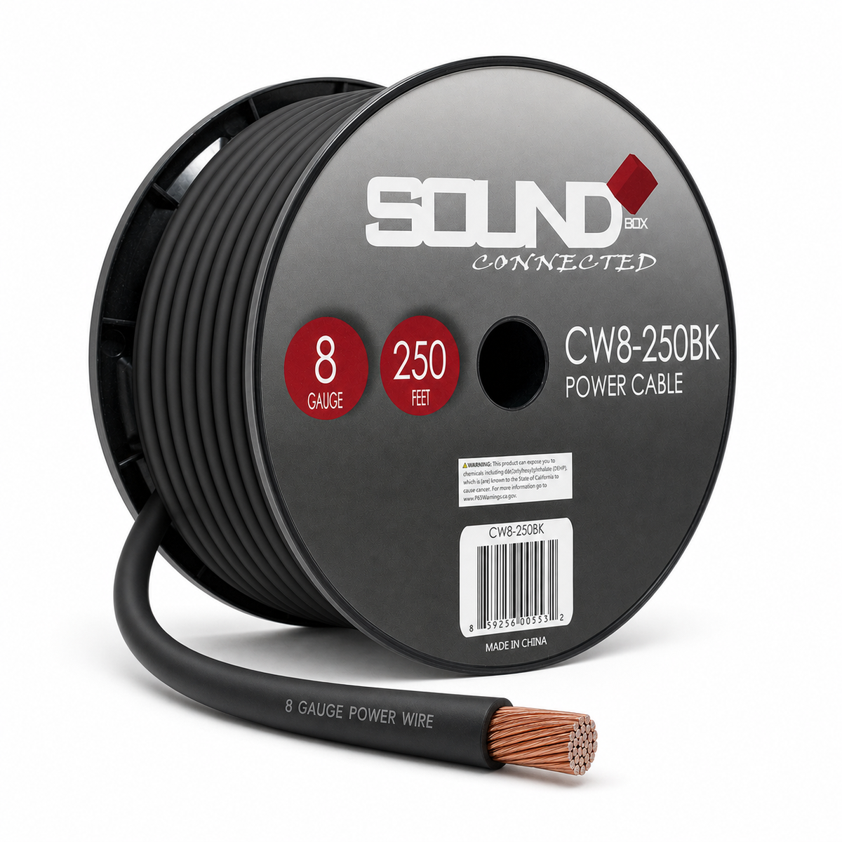 SoundBox CW8-250BK, 8 Gauge 250' CCA Amplifier Power / Ground Wire Spool, Black