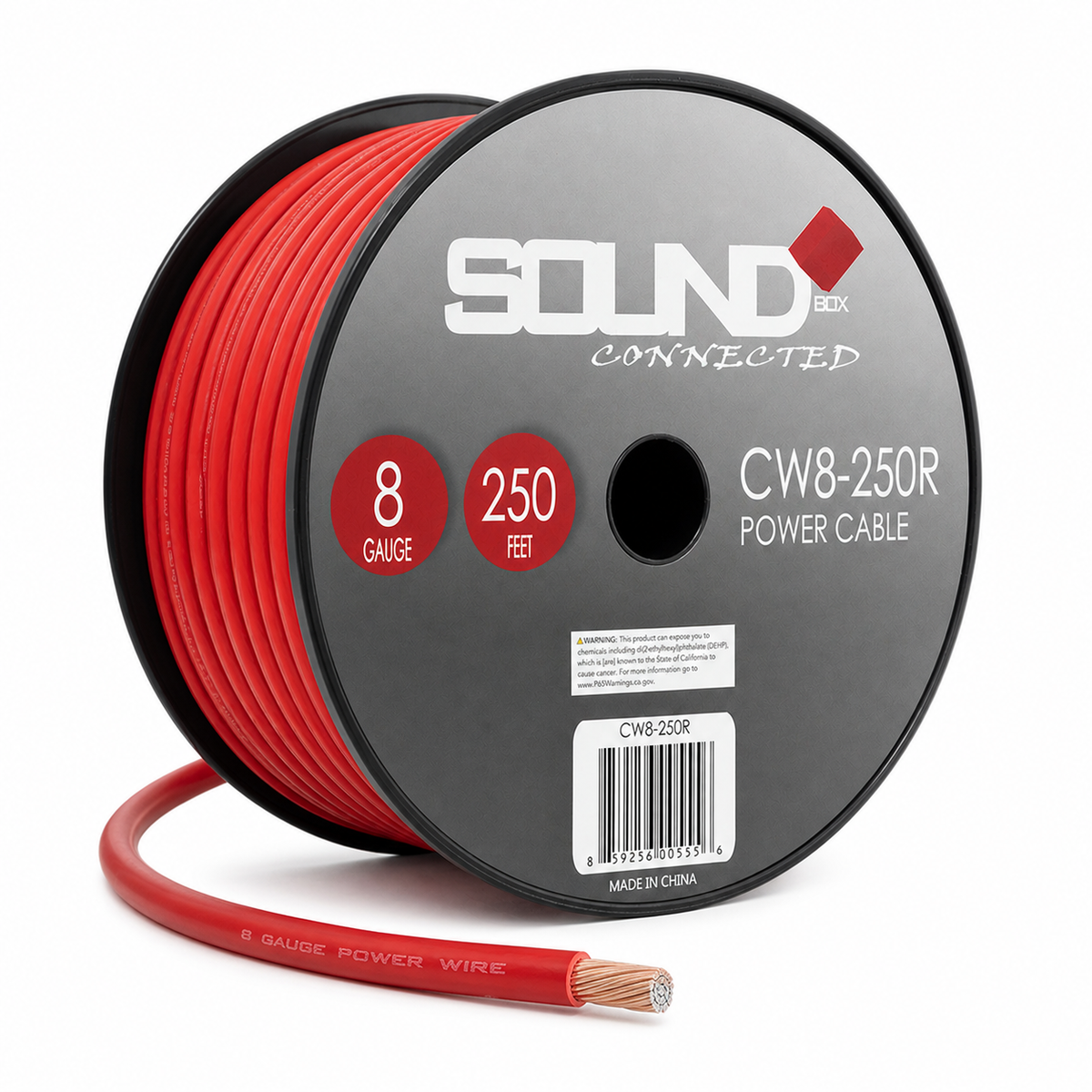 SoundBox CW8-250R, 8 Gauge 250' CCA Amplifier Power / Ground Wire Spool, Red