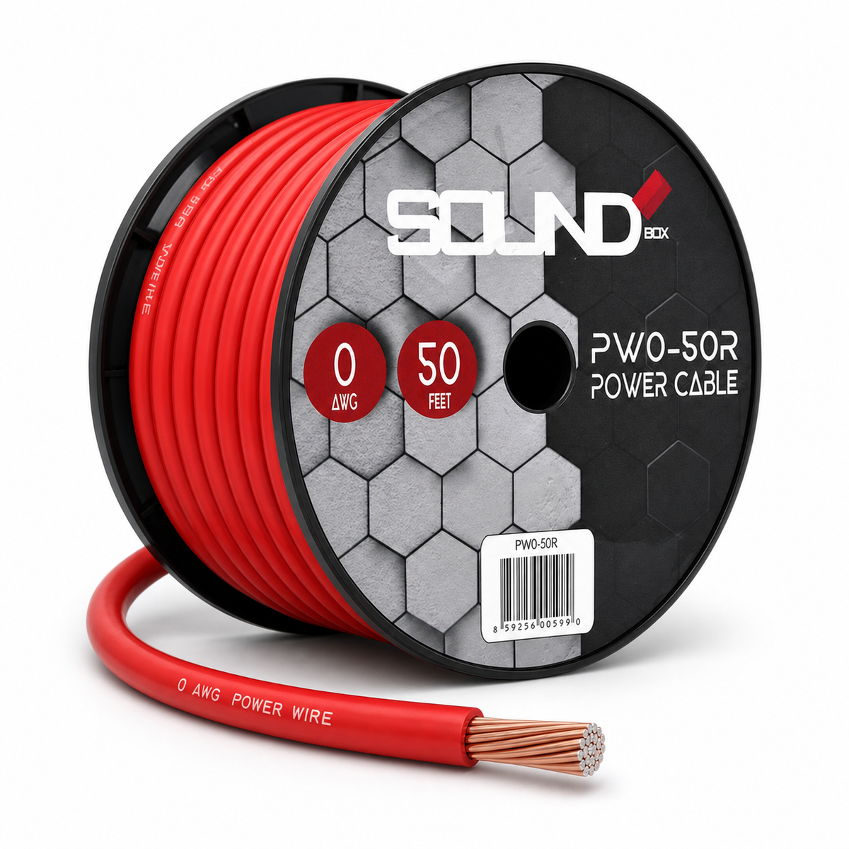 SoundBox PW0-50R, 0 Gauge 50' Copper Amplifier Power / Ground Wire Spool, Red