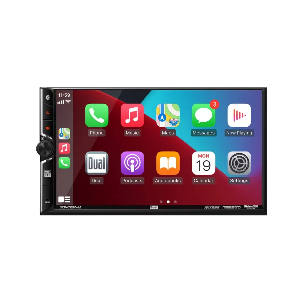 Dual DCPA723W-M, 7" Touchscreen Double DIN Digital Multimedia Receiver w/ Wireless Apple CarPlay & Android Auto, Maestro Support