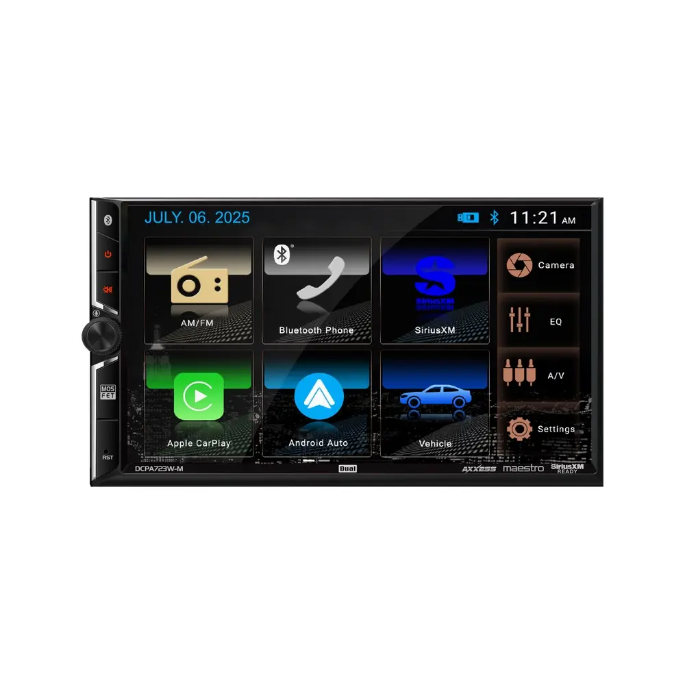 Dual DCPA723W-M, 7" Touchscreen Double DIN Digital Multimedia Receiver w/ Wireless Apple CarPlay & Android Auto, Maestro Support
