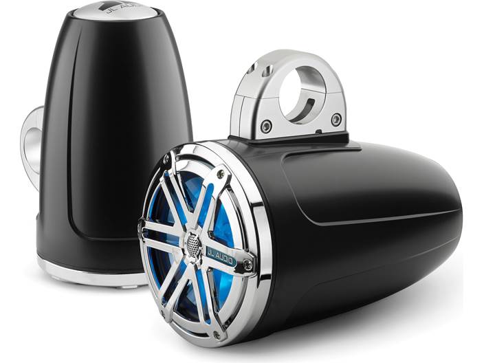 JL Audio MX770-ETXv3-SG-CKLD-B, MX Series Marine 7.7" Tower Coaxial Speakers With LED, Chrome/Black Sport Grille, 70W