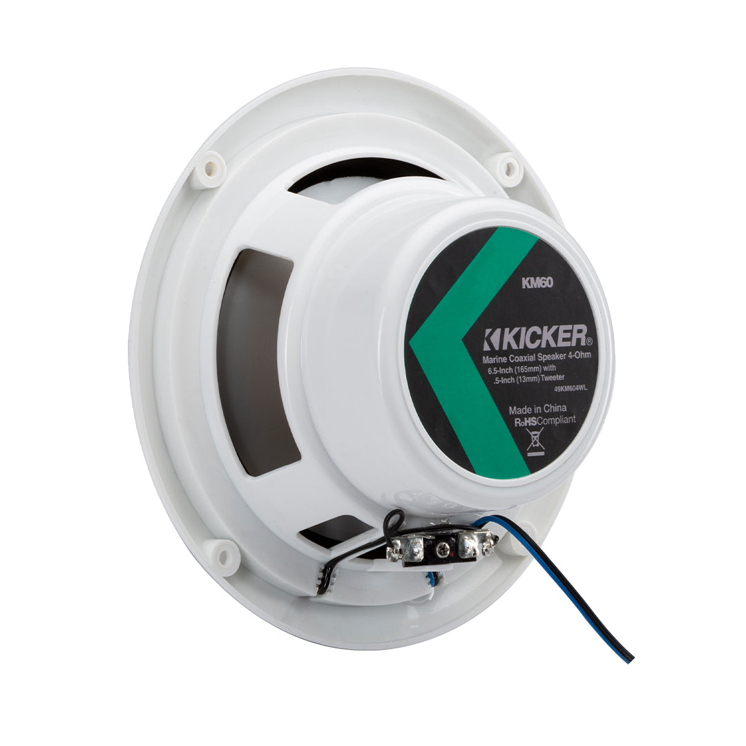 Kicker KM604WL, KM 6.5" 2-Way Coaxial Marine Speakers White w/ Blue LED (49KM604WL)