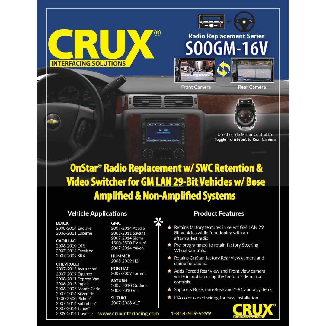 Crux SOOGM-16V, OnStar Radio Replacement Interface for GM LAN 29 Bit Vehicles with SWC & Video Switcher