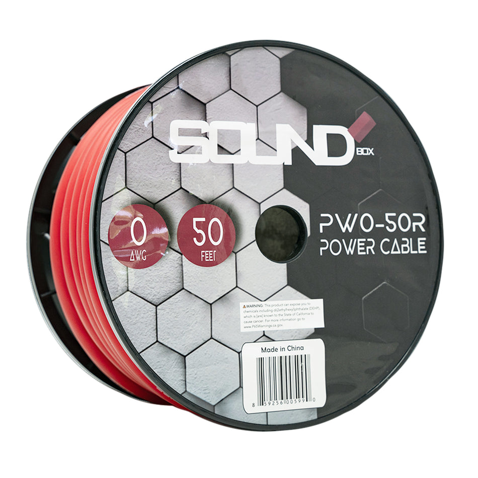 SoundBox PW0-50R, 0 Gauge 50' Copper Amplifier Power / Ground Wire Spool, Red