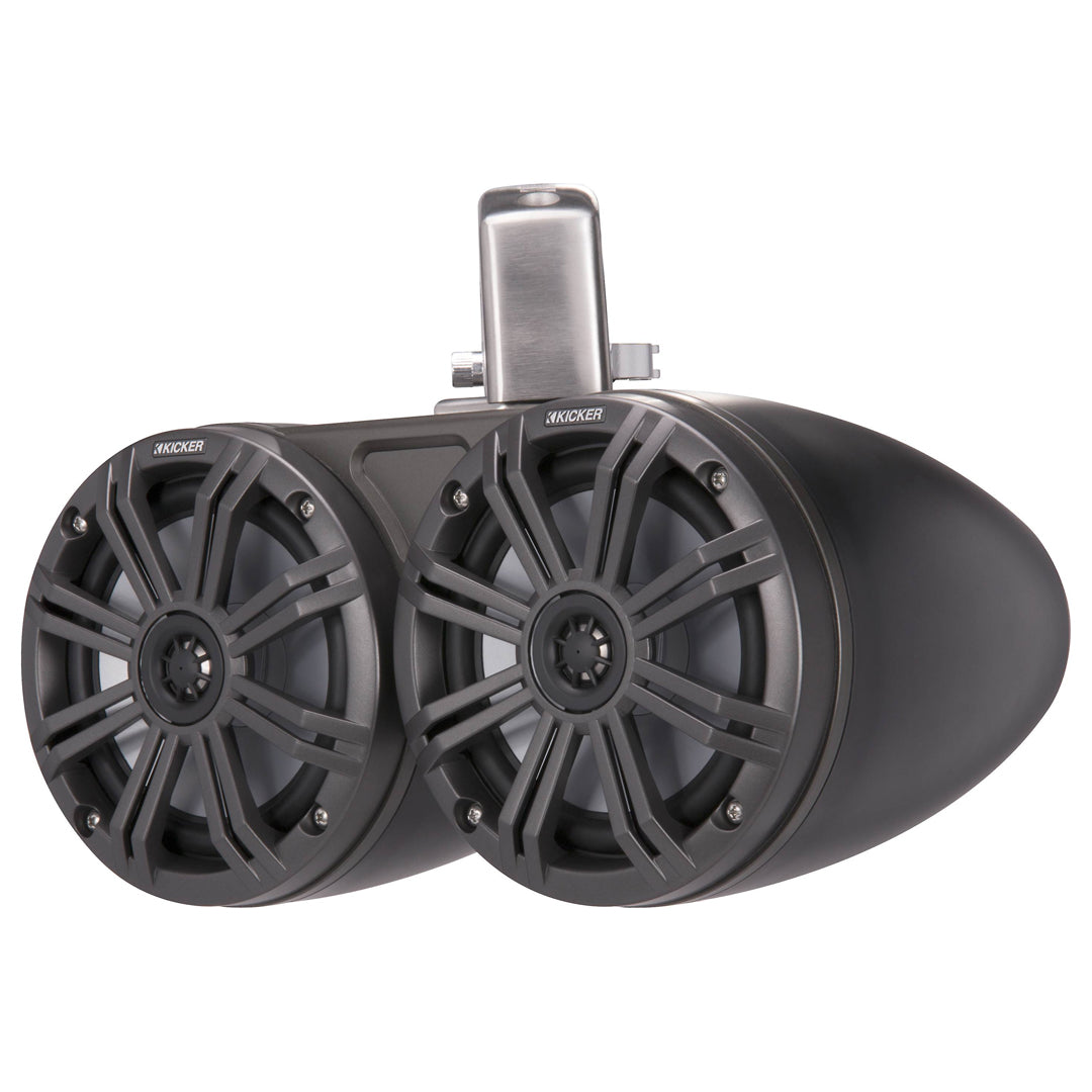 Kicker KMTDC65, KMTC65 (165mm) Loaded Marine Dual Cans with 45KM654L speaker pairs; charcoal grill on black can (45KMTDC65)